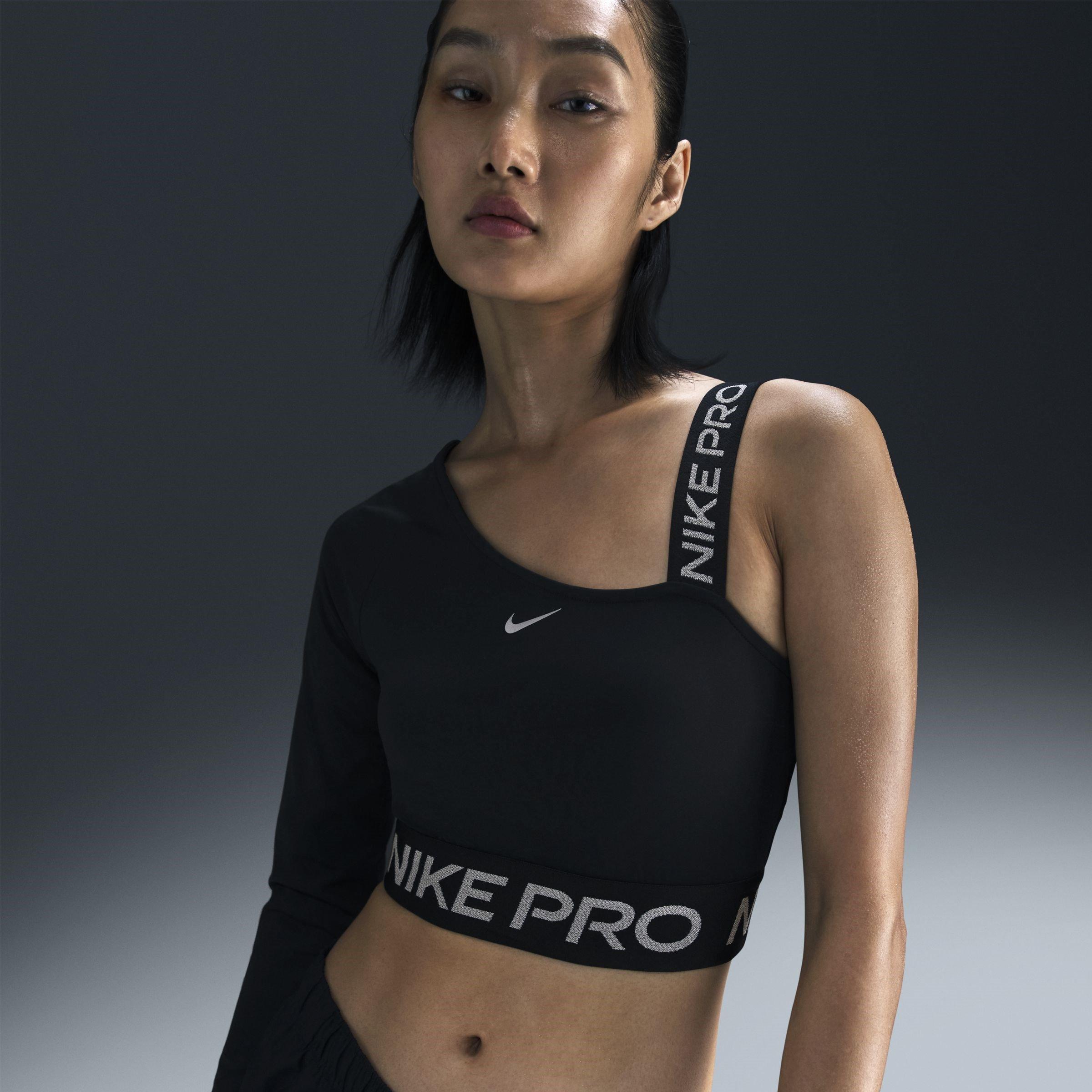 Black/R.Silver - Nike - Pro Shine Womens Dri-FIT Asymmetrical Cropped Top - 1