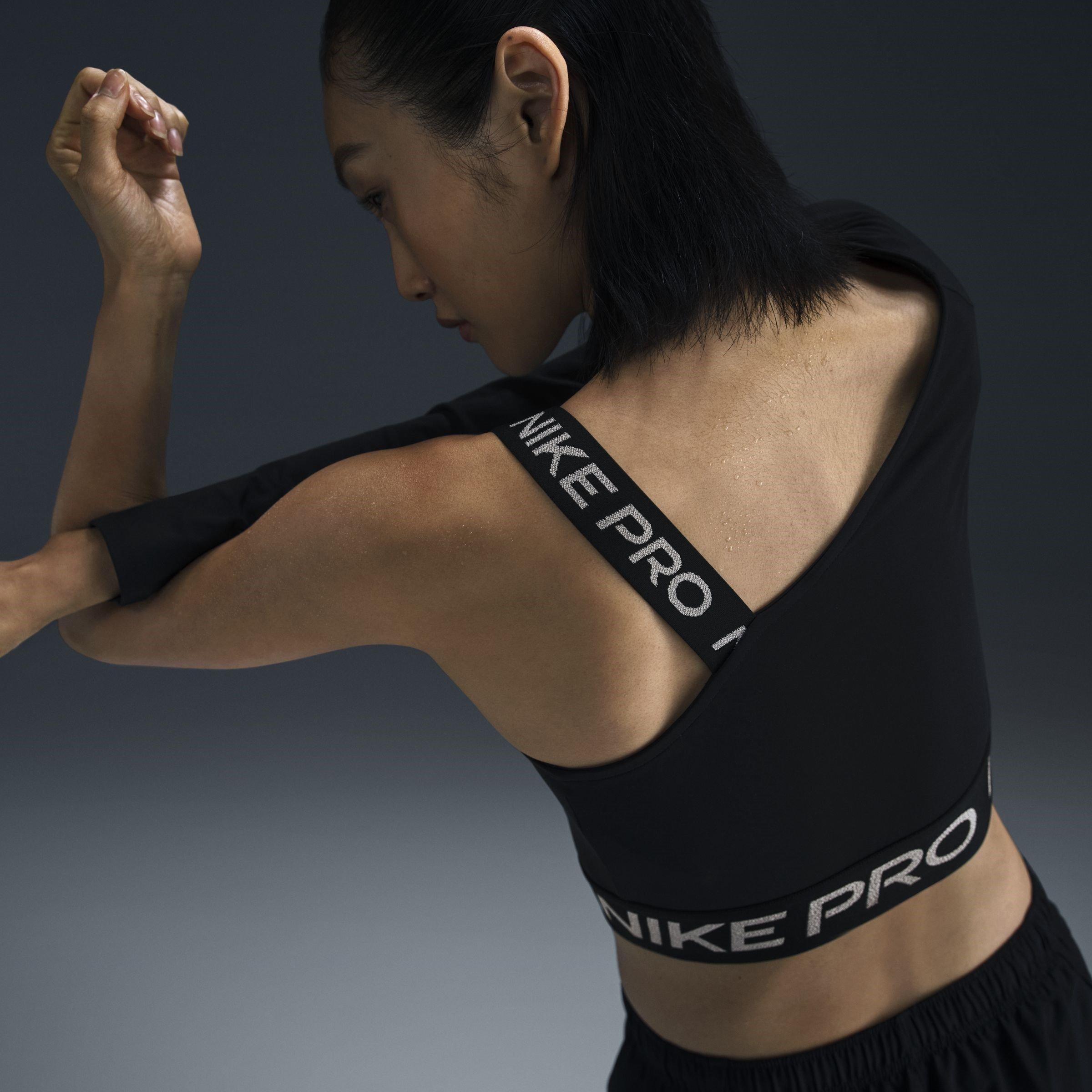 Black/R.Silver - Nike - Pro Shine Womens Dri-FIT Asymmetrical Cropped Top - 2