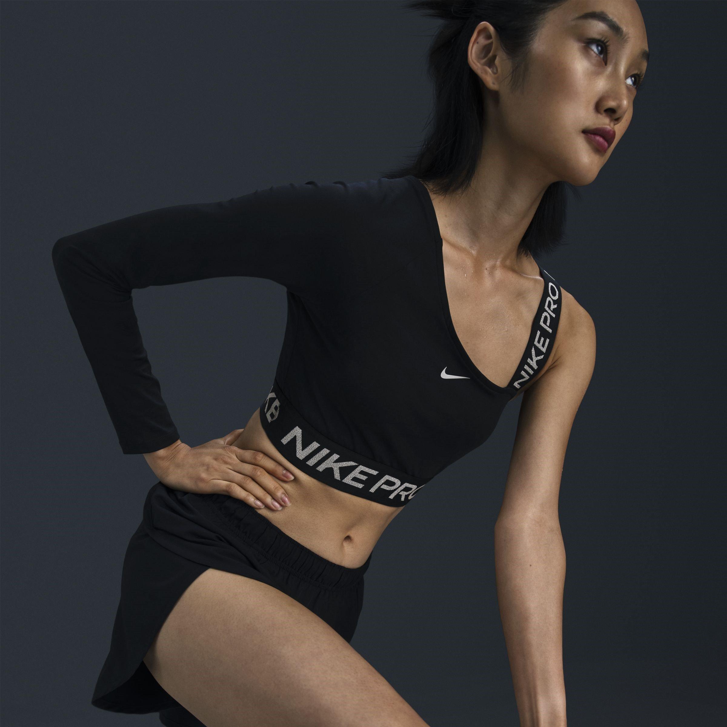 Black/R.Silver - Nike - Pro Shine Womens Dri-FIT Asymmetrical Cropped Top - 3