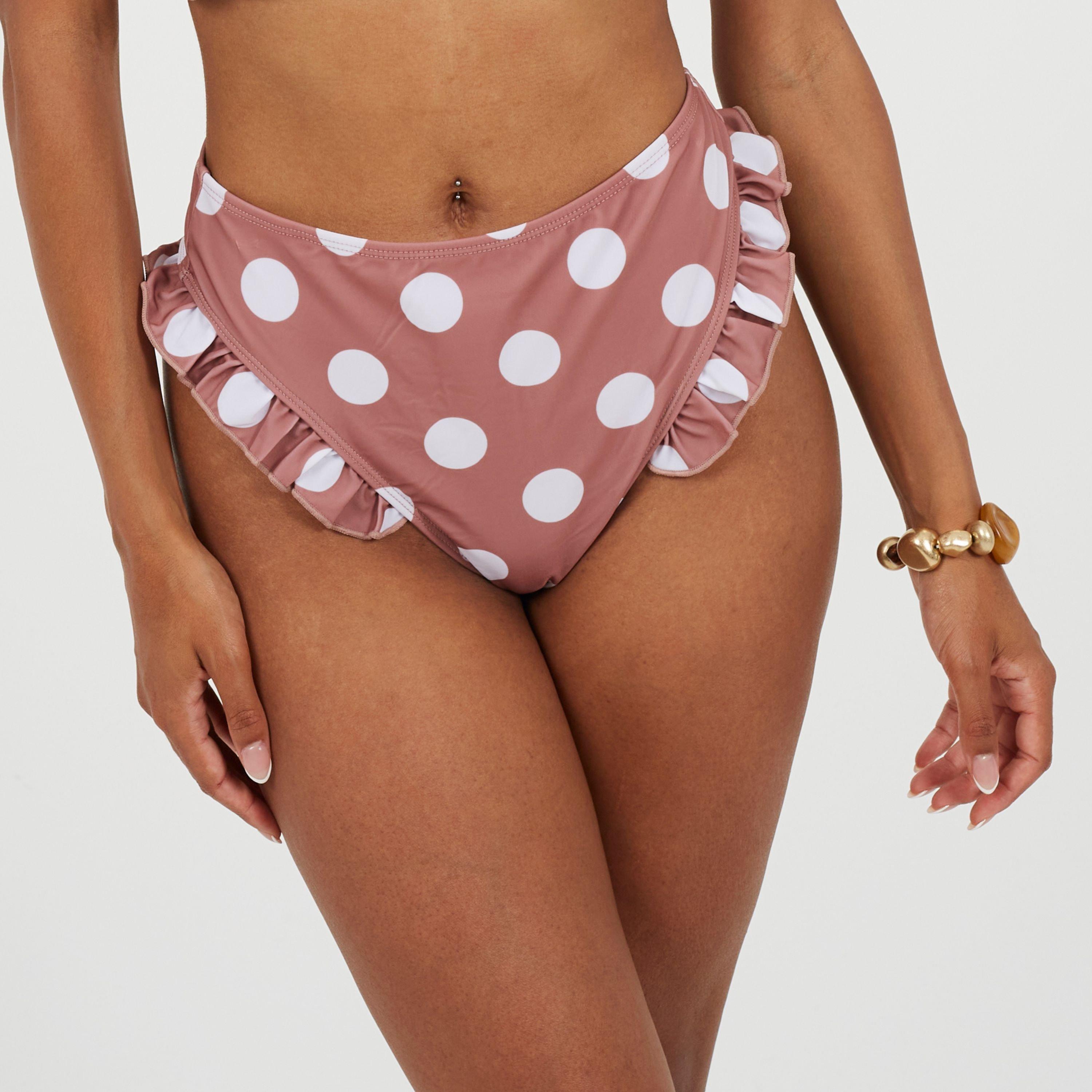 Tan/White - Brave Soul - Womens Polka Dot High Waisted Bikini Bottoms - 1