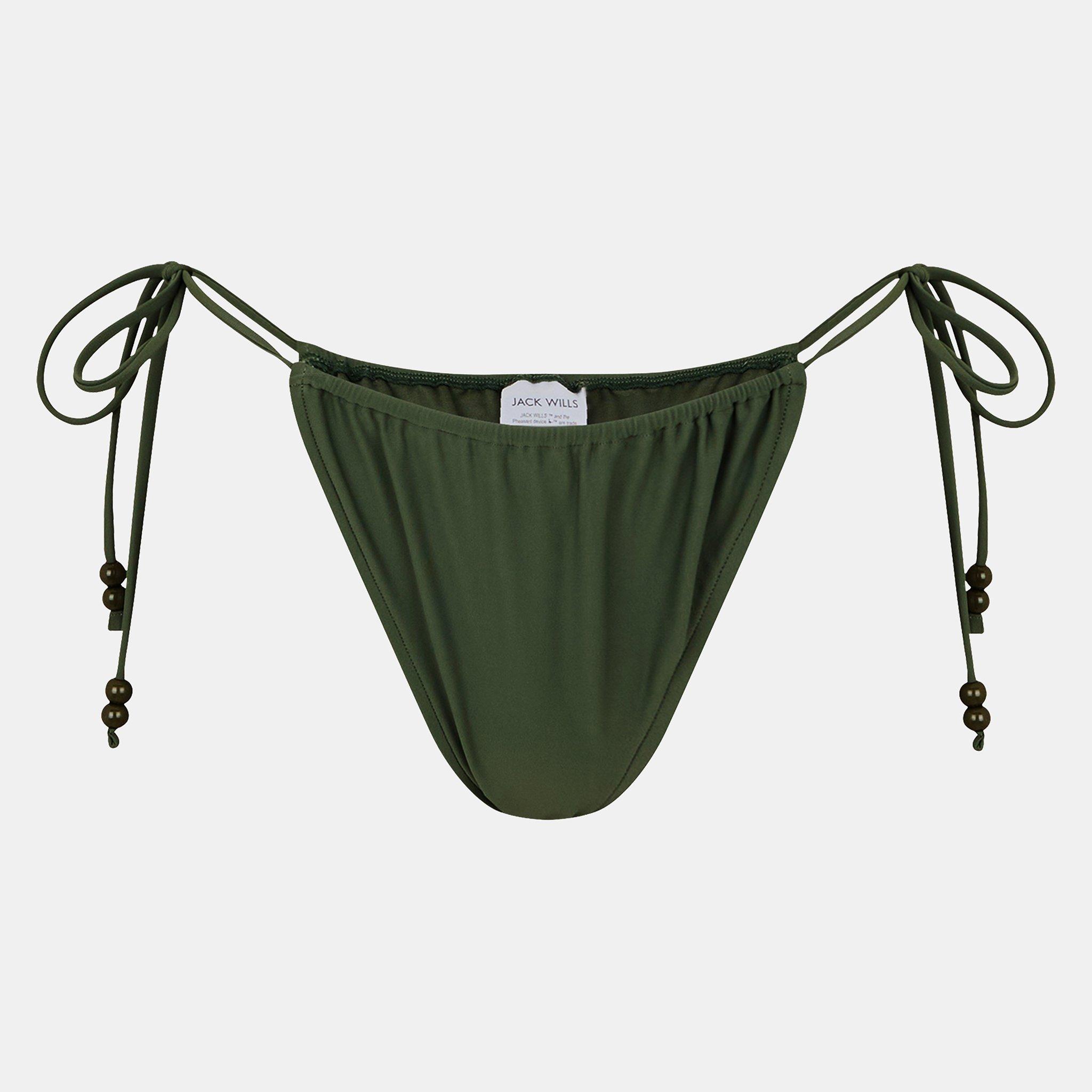 Khaki - Jack Wills - Women's JW Beaded Ruched Tie Side Bikini Bottoms - 1
