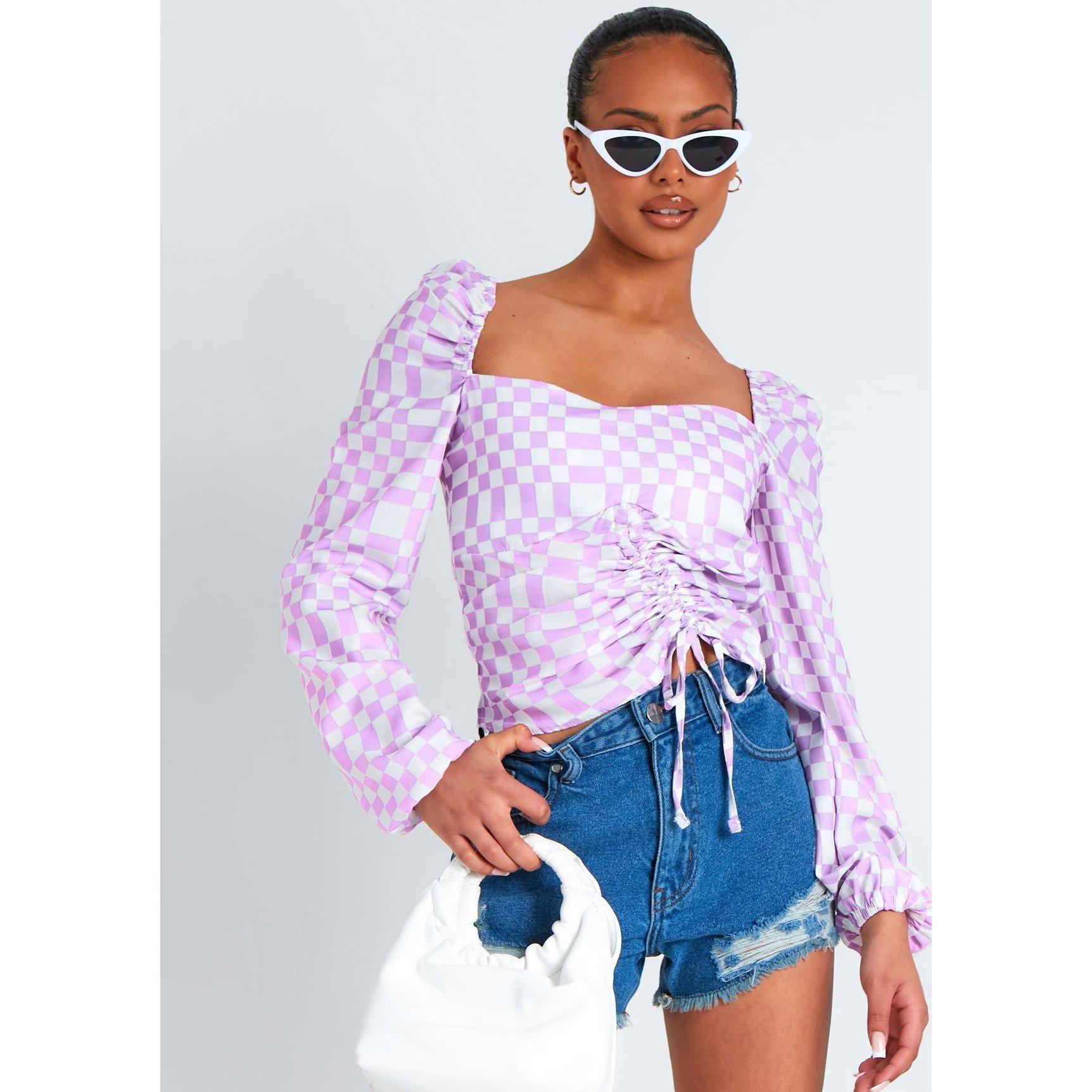 Lilac - Missy Empire - Checkerboard Print Ruched Front Top