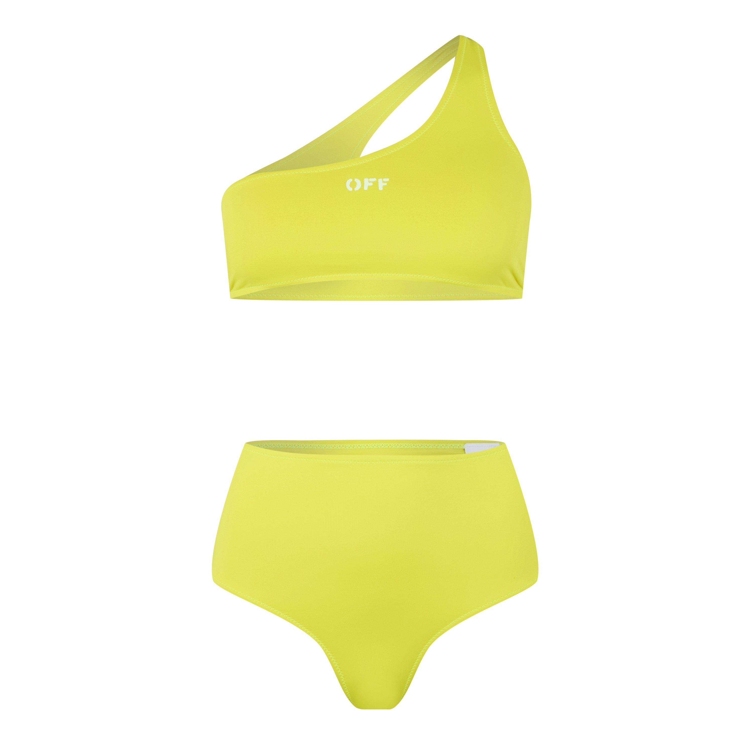 Yellow Fluo - Off White - Women's Stamp One Shoulder High Rise Bikini Set - 1