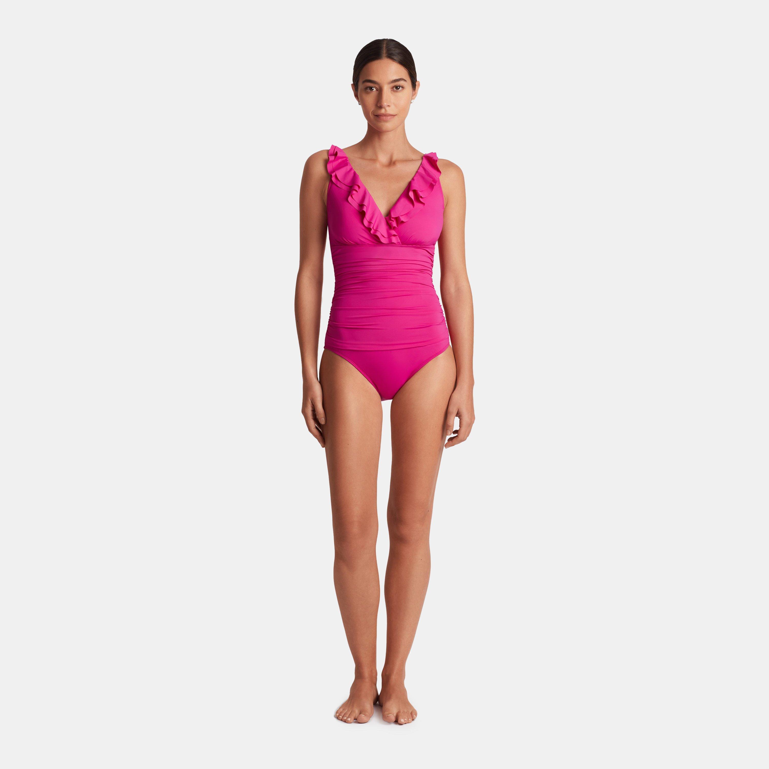 Pink - Lauren by Ralph Lauren - Women's Ruffle Plunge Swimsuit - 5