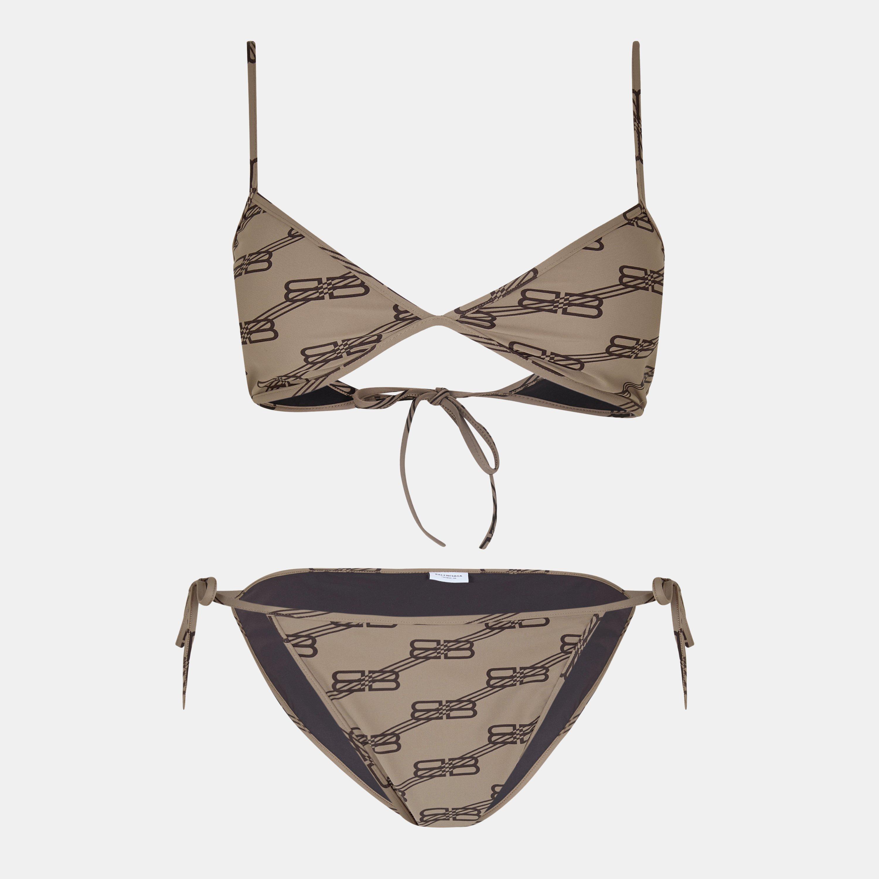 Beige/Brown - Balenciaga - Women's Logo Detail Technical Swim Fabric Bikini Set - 1