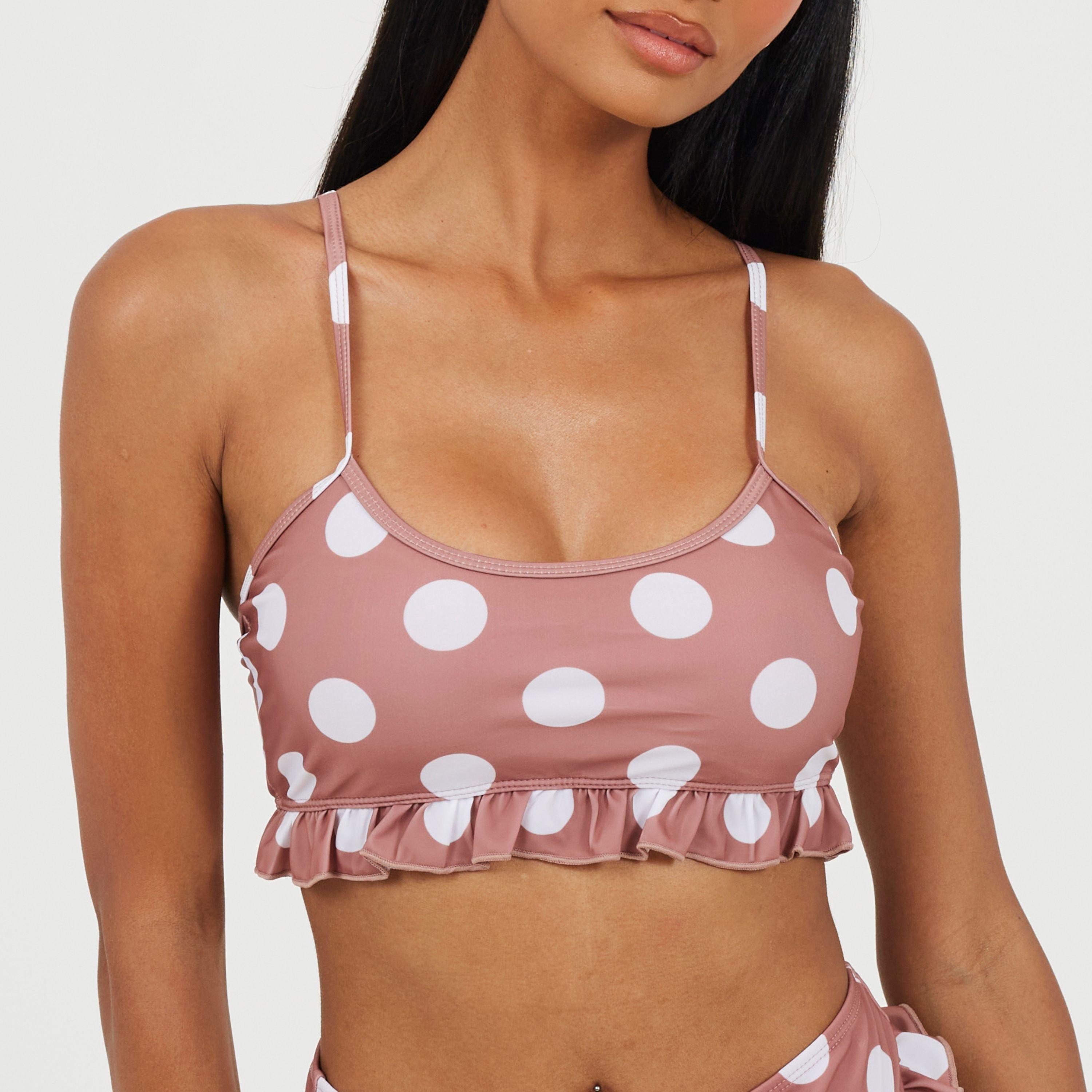 Tan/White - Brave Soul - Womens Polka Dot Bikini Top with Frill - 1