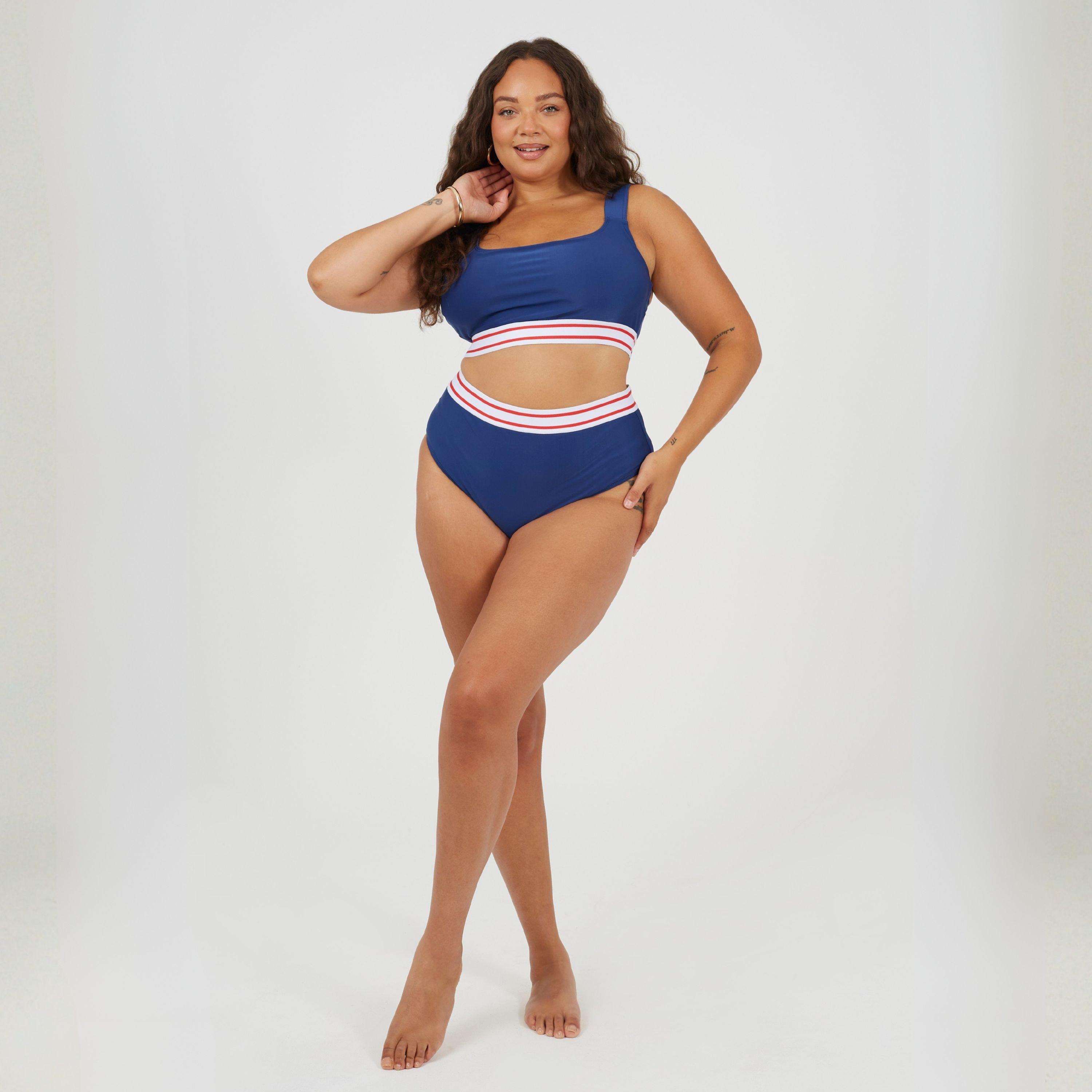 Navy/Wht/Red - Brave Soul - Womens Plus Size High Waisted Bikini Bottoms - 4