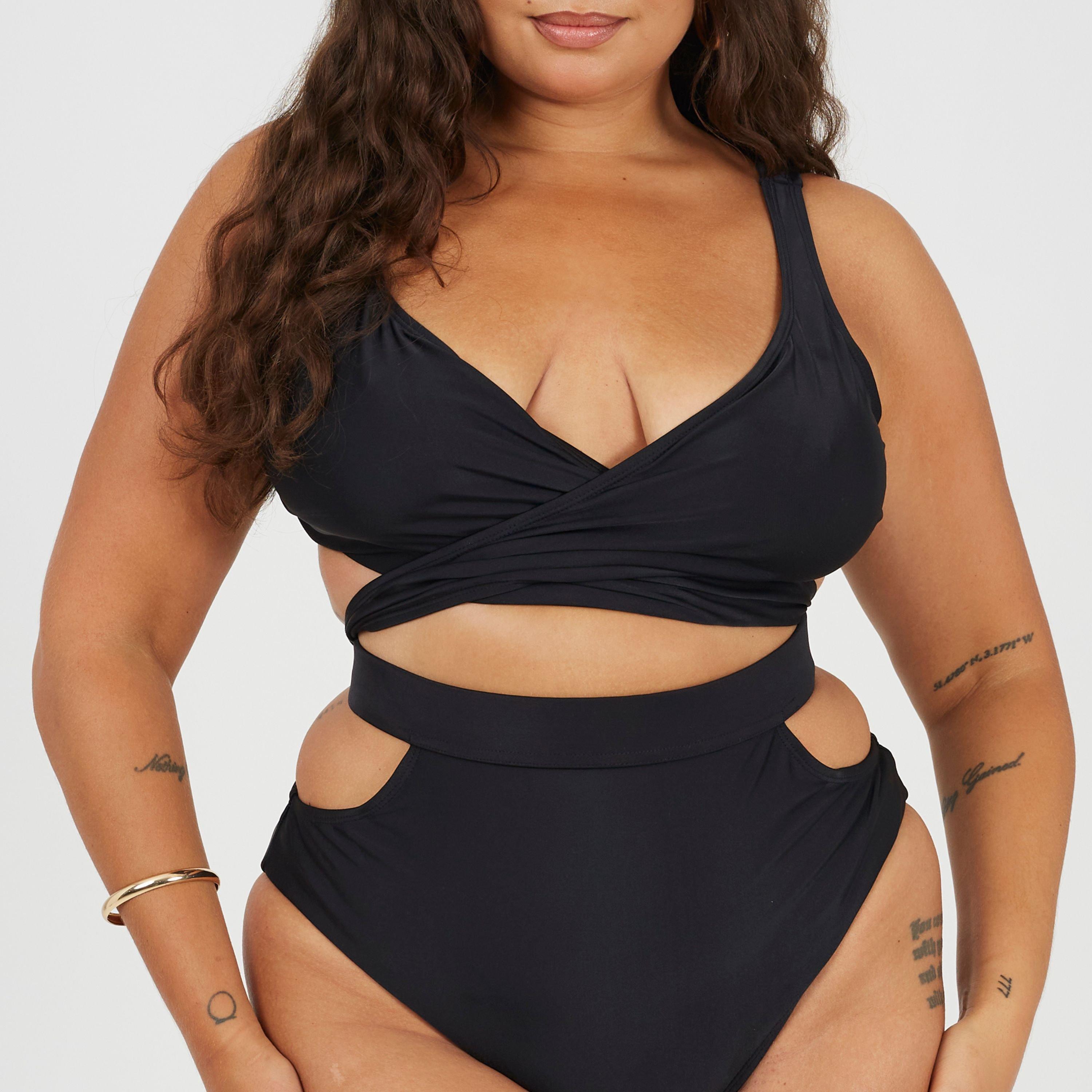 Black - Brave Soul - Plus Size Plunge Bikini Top with Wrap Around Straps - 1