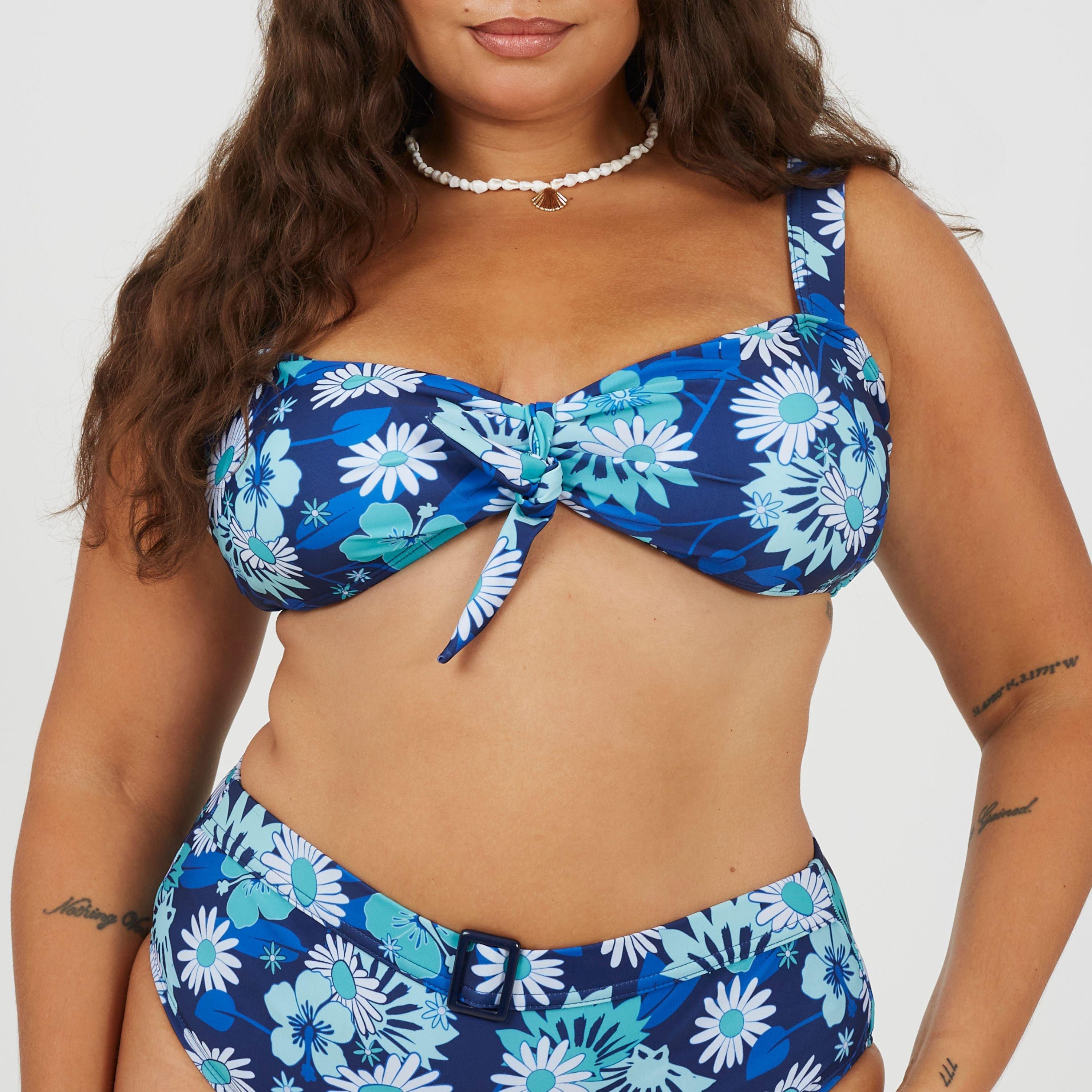 Brave Soul Women's Plus Size Bikini Top With Retro Floral Print - Blue Retro - 18 (2XL)