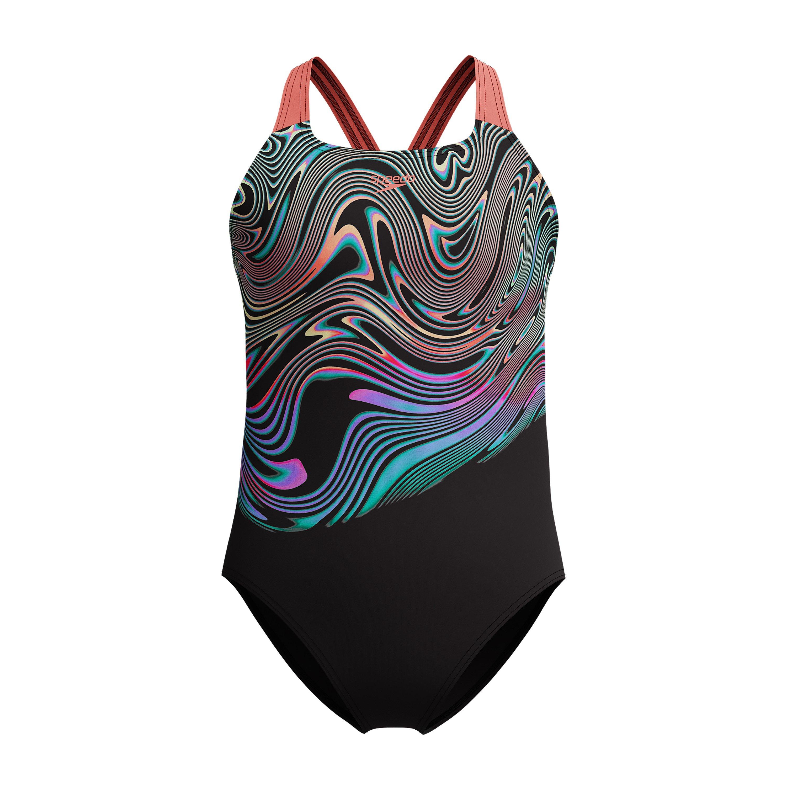 Sort/ Neon - Speedo - Girls Placement Powerback Swimsuit - 1