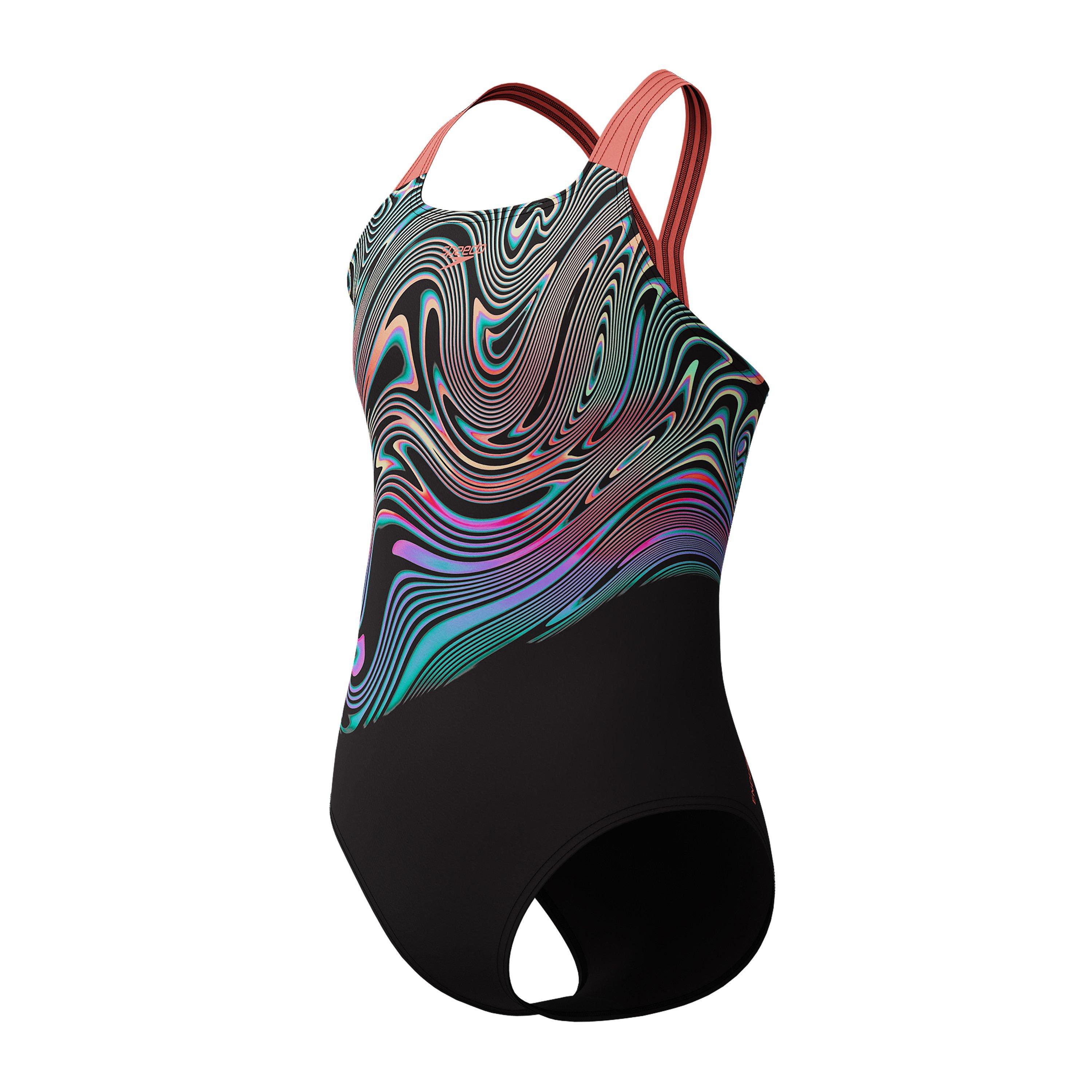 Sort/ Neon - Speedo - Girls Placement Powerback Swimsuit - 2