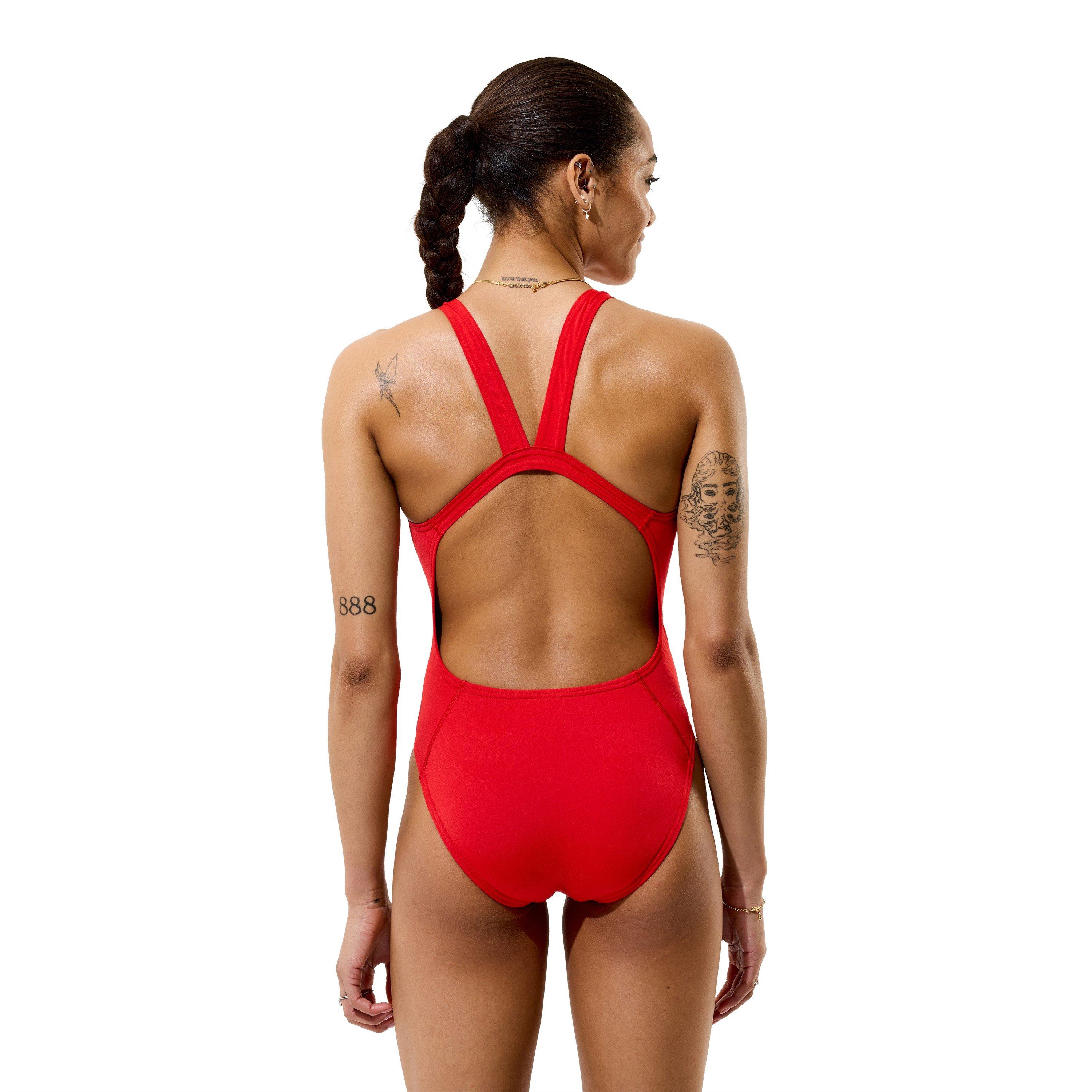 Rot - Speedo - Women's Solid Endurasoft Leaderback High-Leg One-Piece Swimsuit - 4