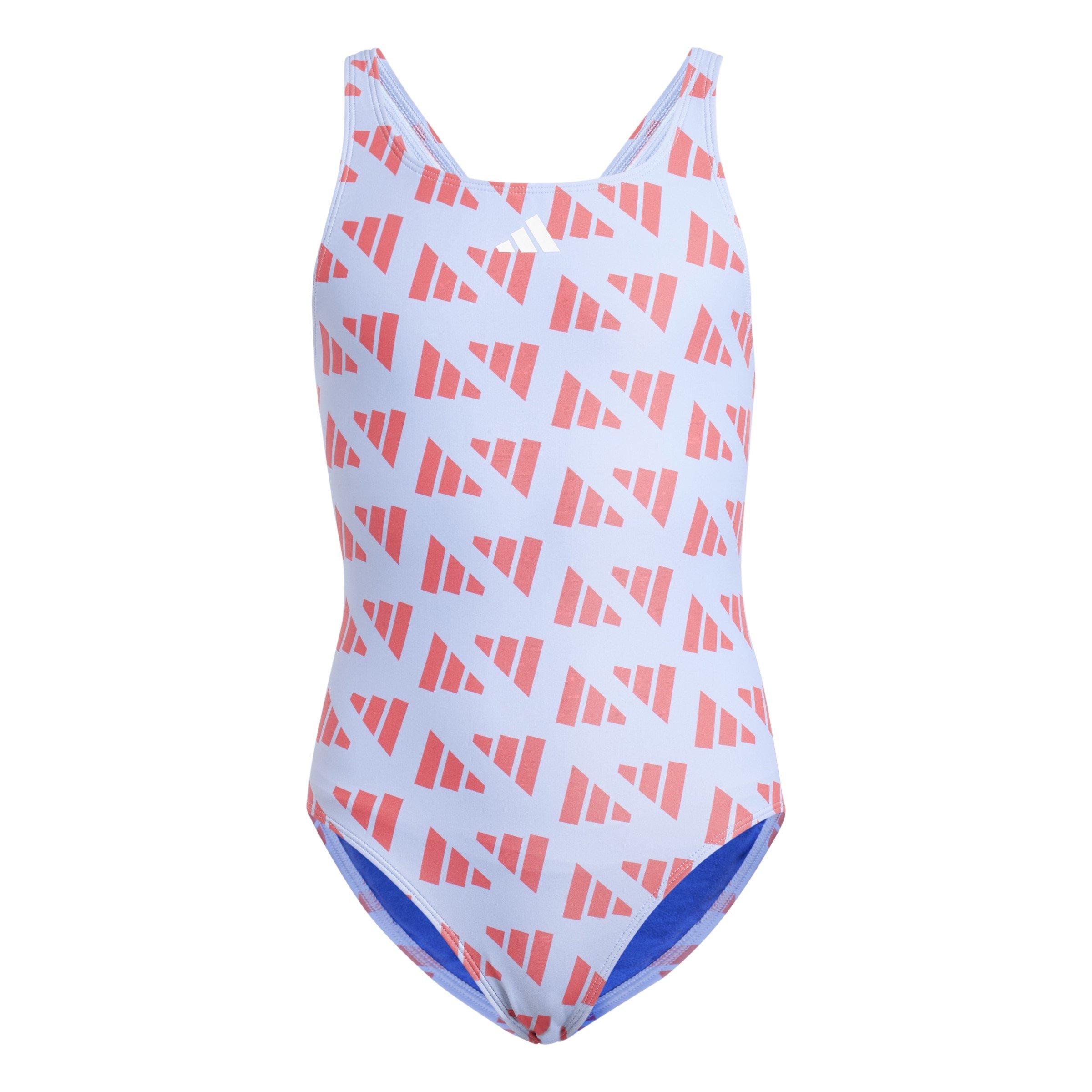 Adidas Girls Logo Graphic V-Back Swimsuit Juniors - Violet/Red - 11-12 Years