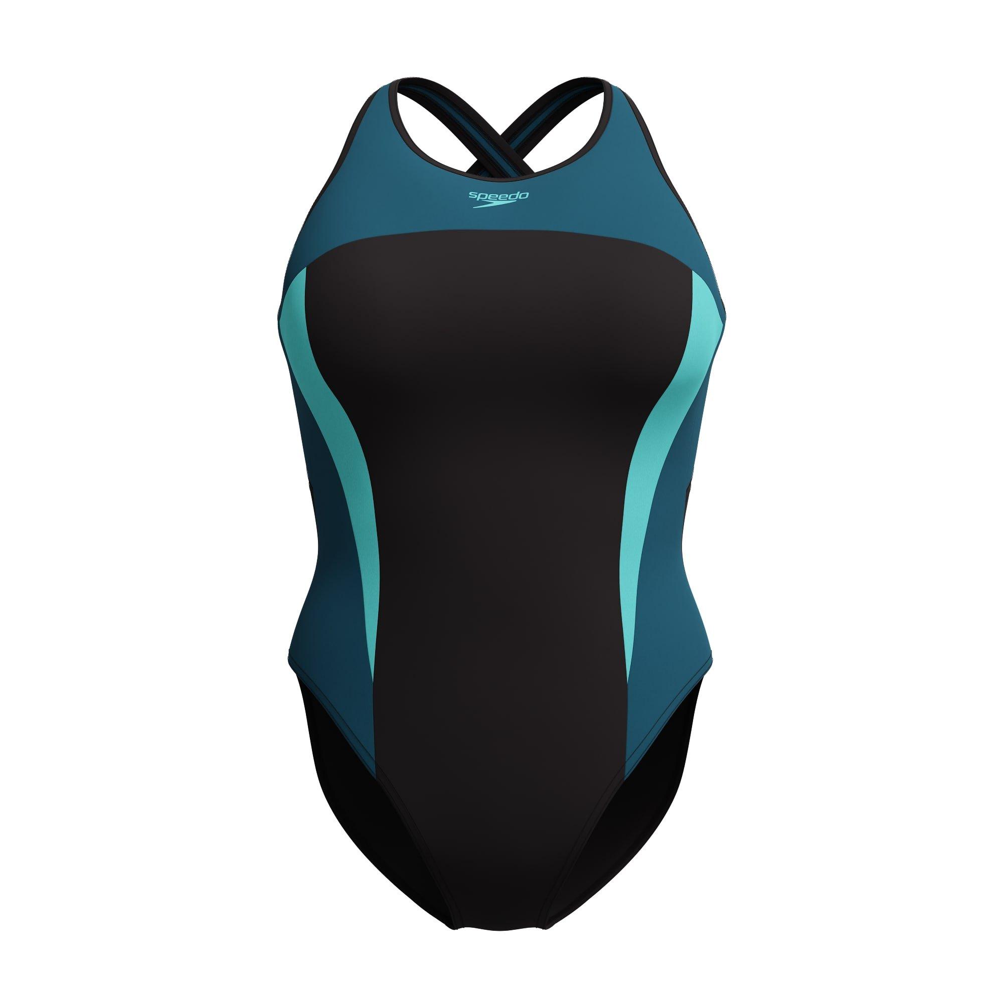 Blk/Dark Teal - Speedo - High Neck Splice Cross Back Swimsuit - 2
