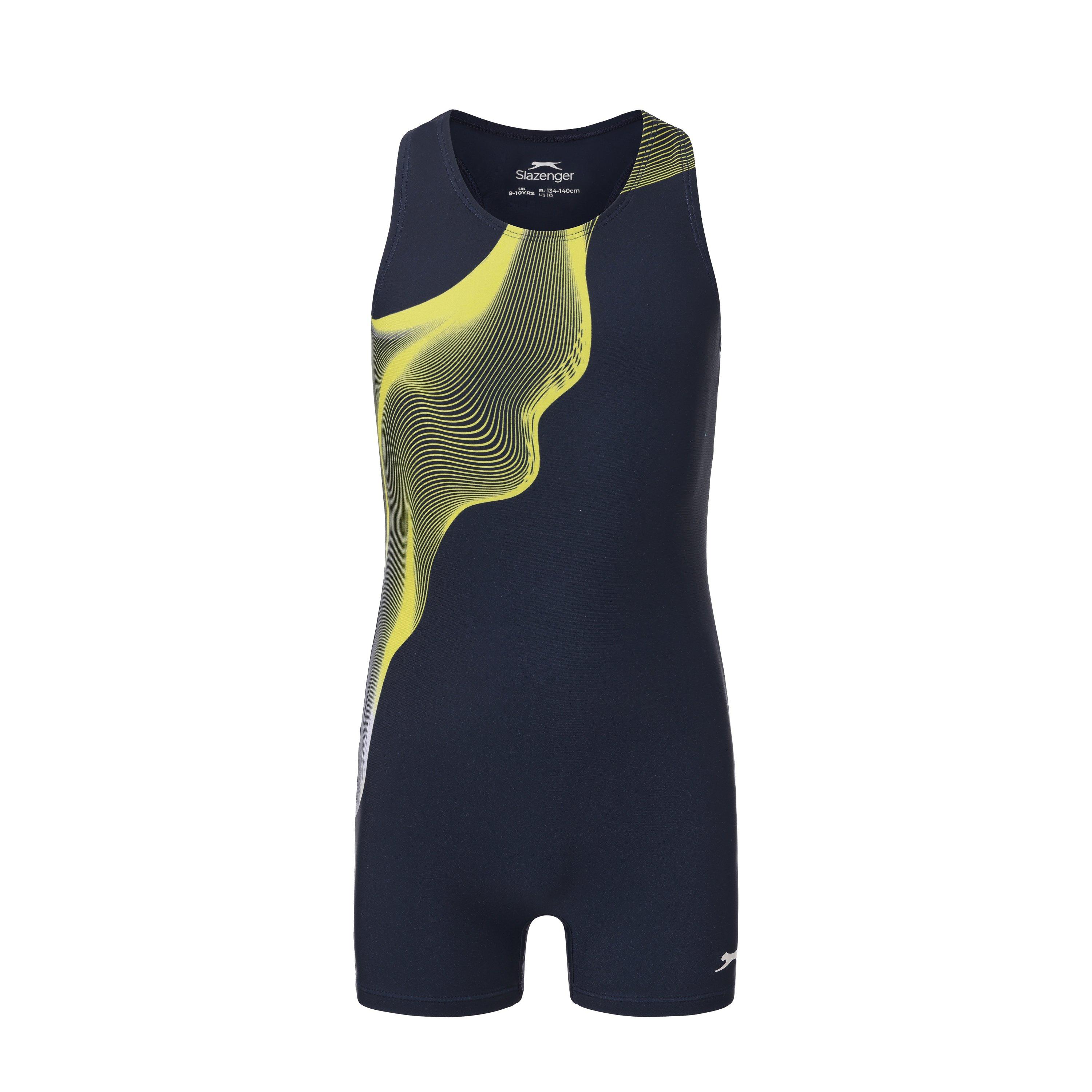 Slazenger Girls Lycra® Xtra Life™ Boyleg Swimming Suit Junior - Blue/Yel/Wht - 9-10 Yrs