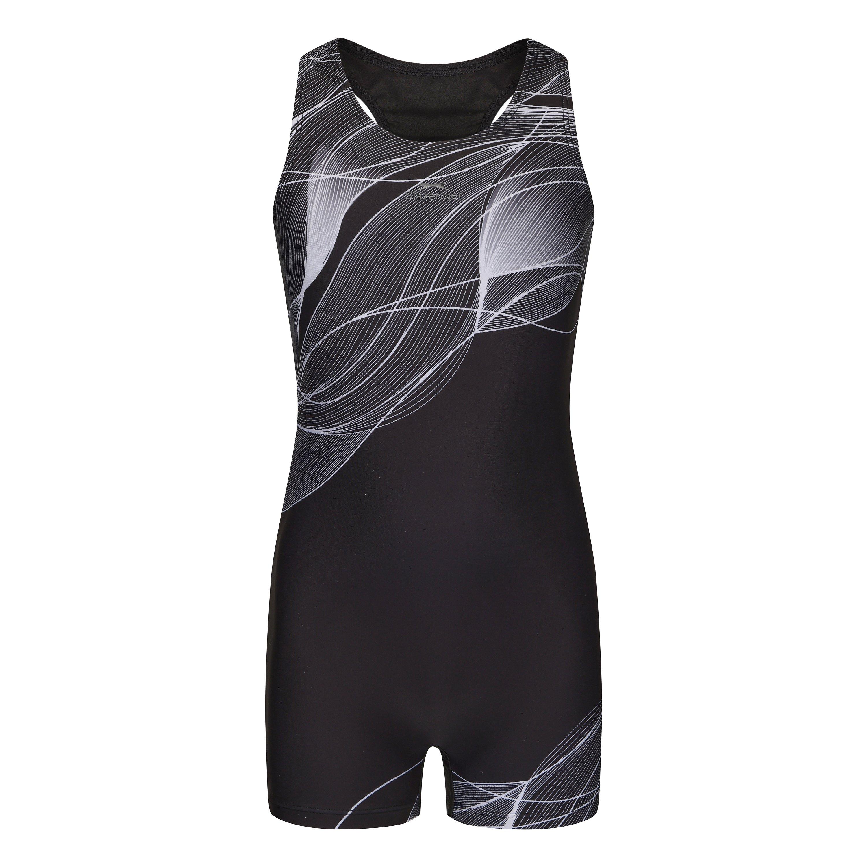 Slazenger Girls Lycra® Xtra Life™ Boyleg Swimming Suit Junior - Black/Grey - 9-10 Yrs