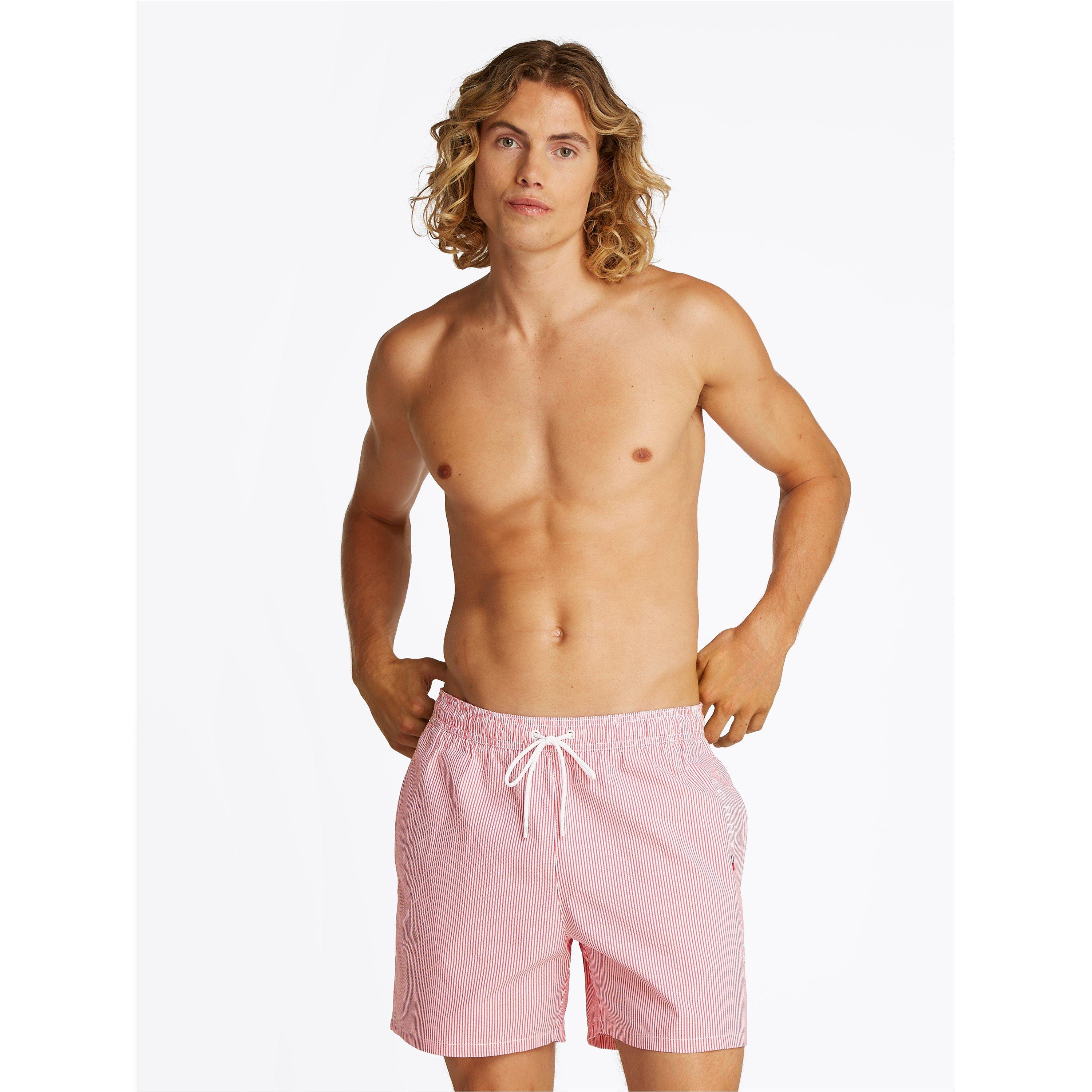 White/Red - Tommy Hilfiger - Men's Ithaca Stripe Medium Length Drawstring Swim Shorts - 2