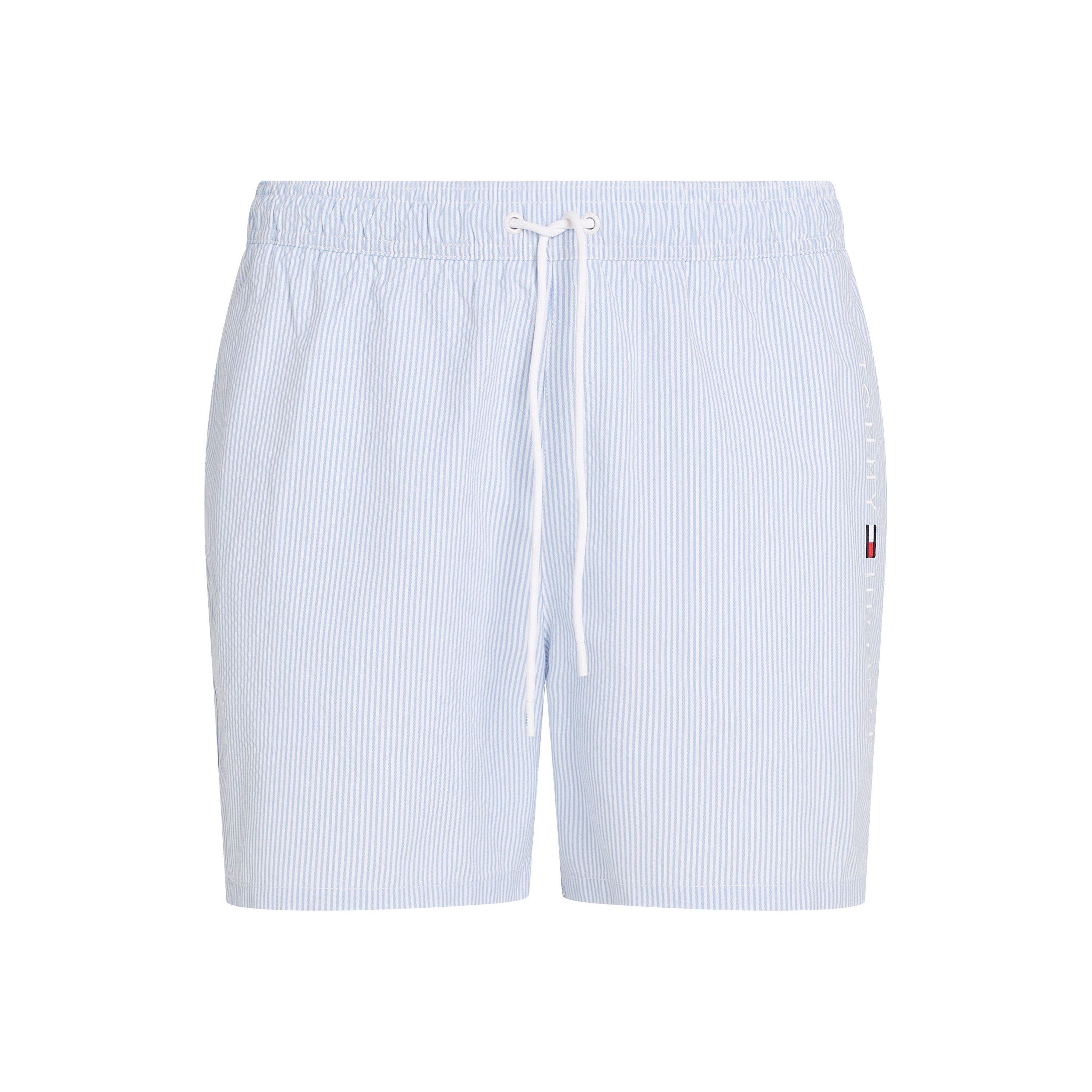 White/Blue - Tommy Hilfiger - Men's Ithaca Stripe Medium Length Drawstring Swim Shorts - 1