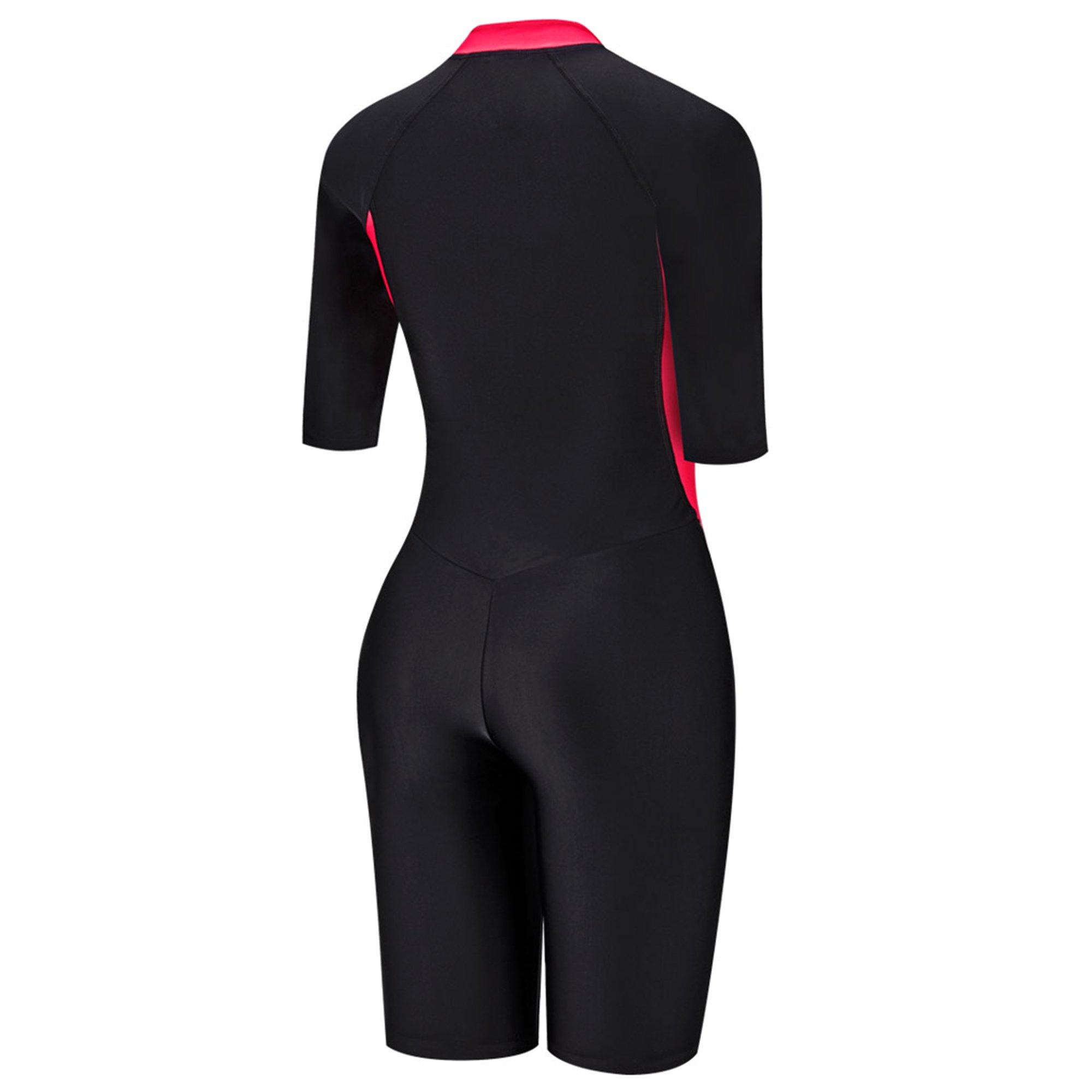 Black/Rasb Fill - Speedo - Asia Fit Womens Front Zip Short Sleeve Kneesuit - 2