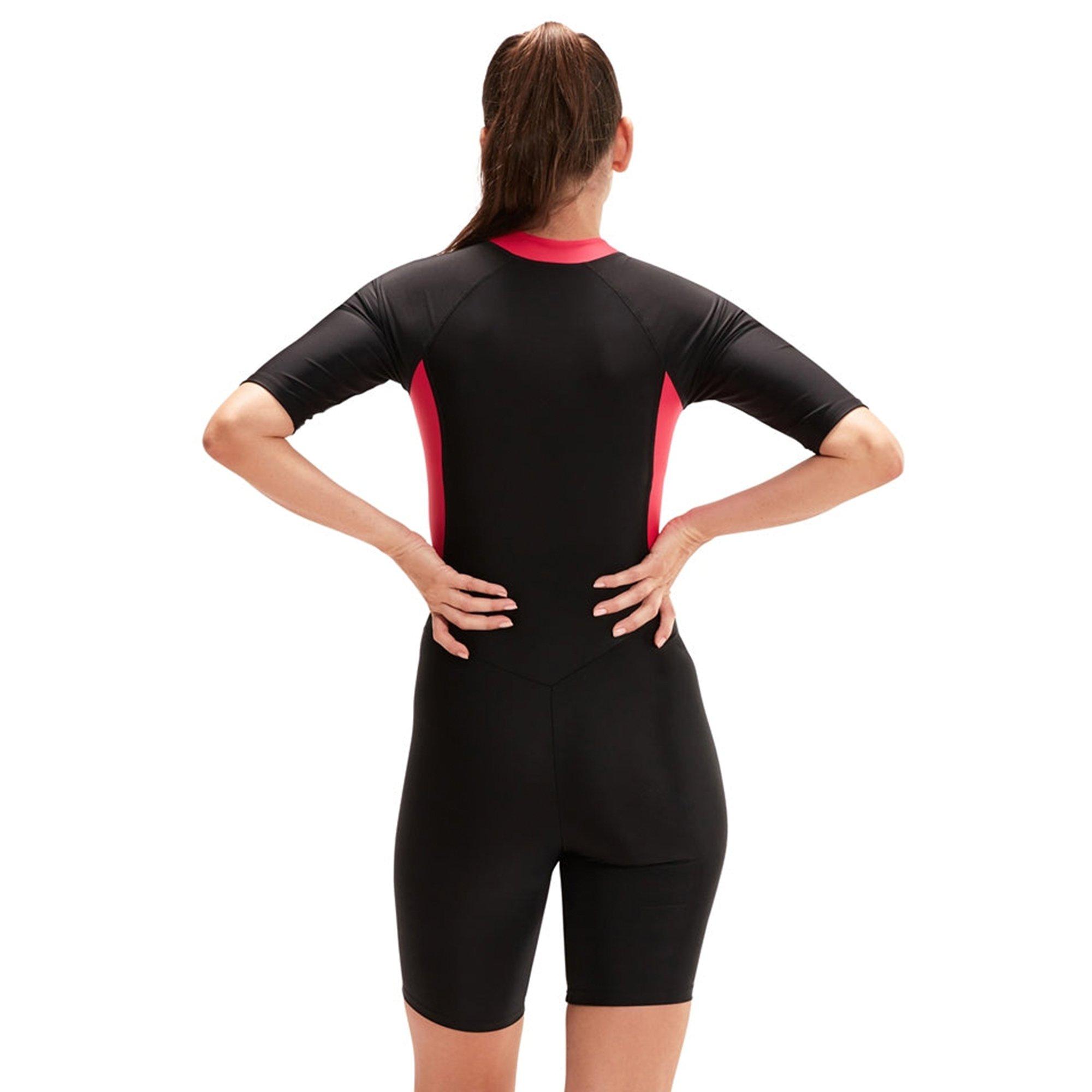 Black/Rasb Fill - Speedo - Asia Fit Womens Front Zip Short Sleeve Kneesuit - 4