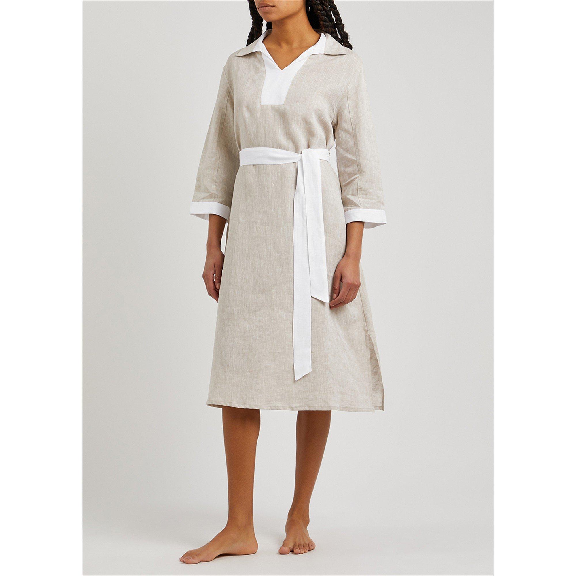 BEIGE AND OTHER - The Sleep Shirt - Women's Long-Sleeve Collared Belted Linen Kaftan - 5