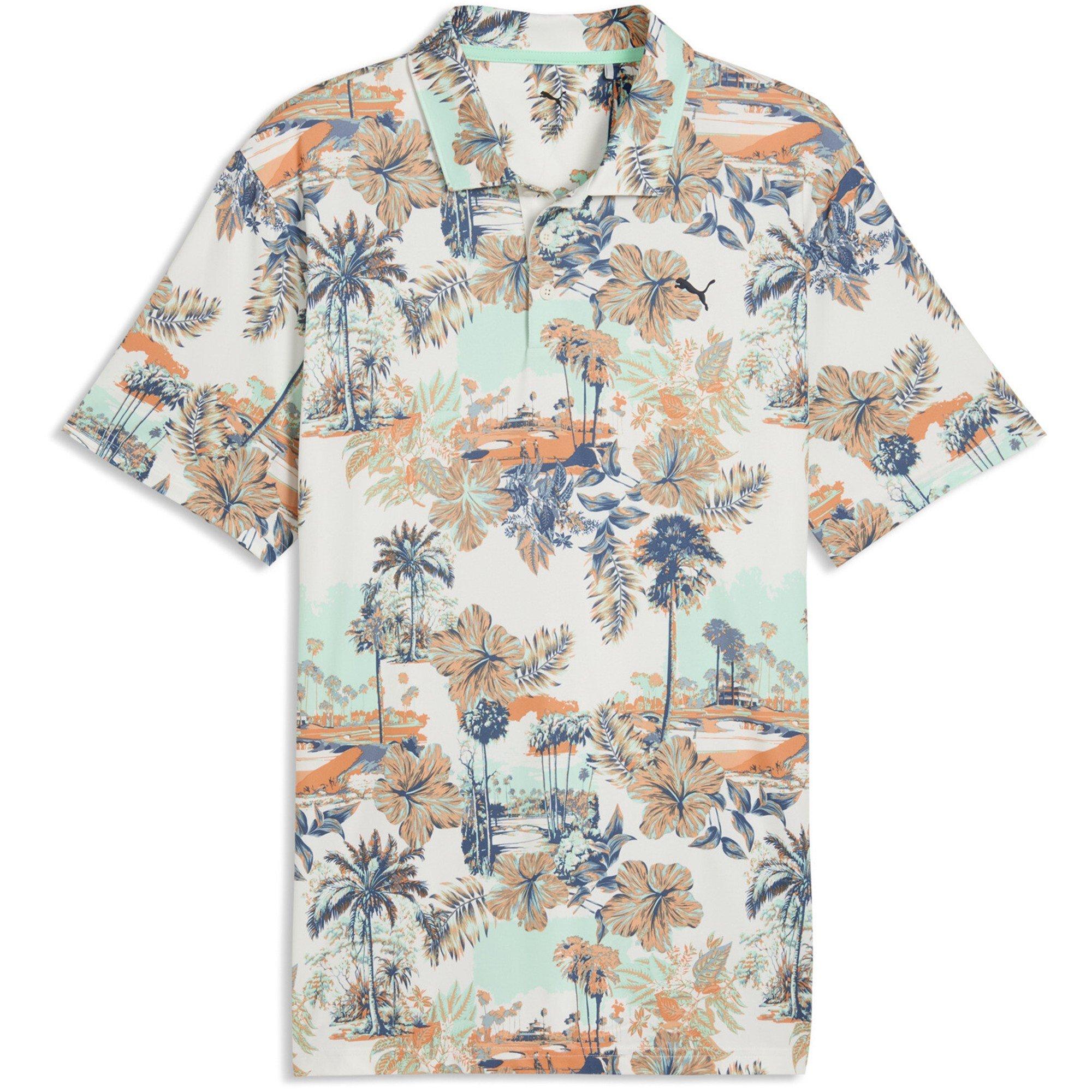 Puma Men's Cloudspun Palm Short Sleeve Performance Polo Shirt - Warm White-Mint - 2XL
