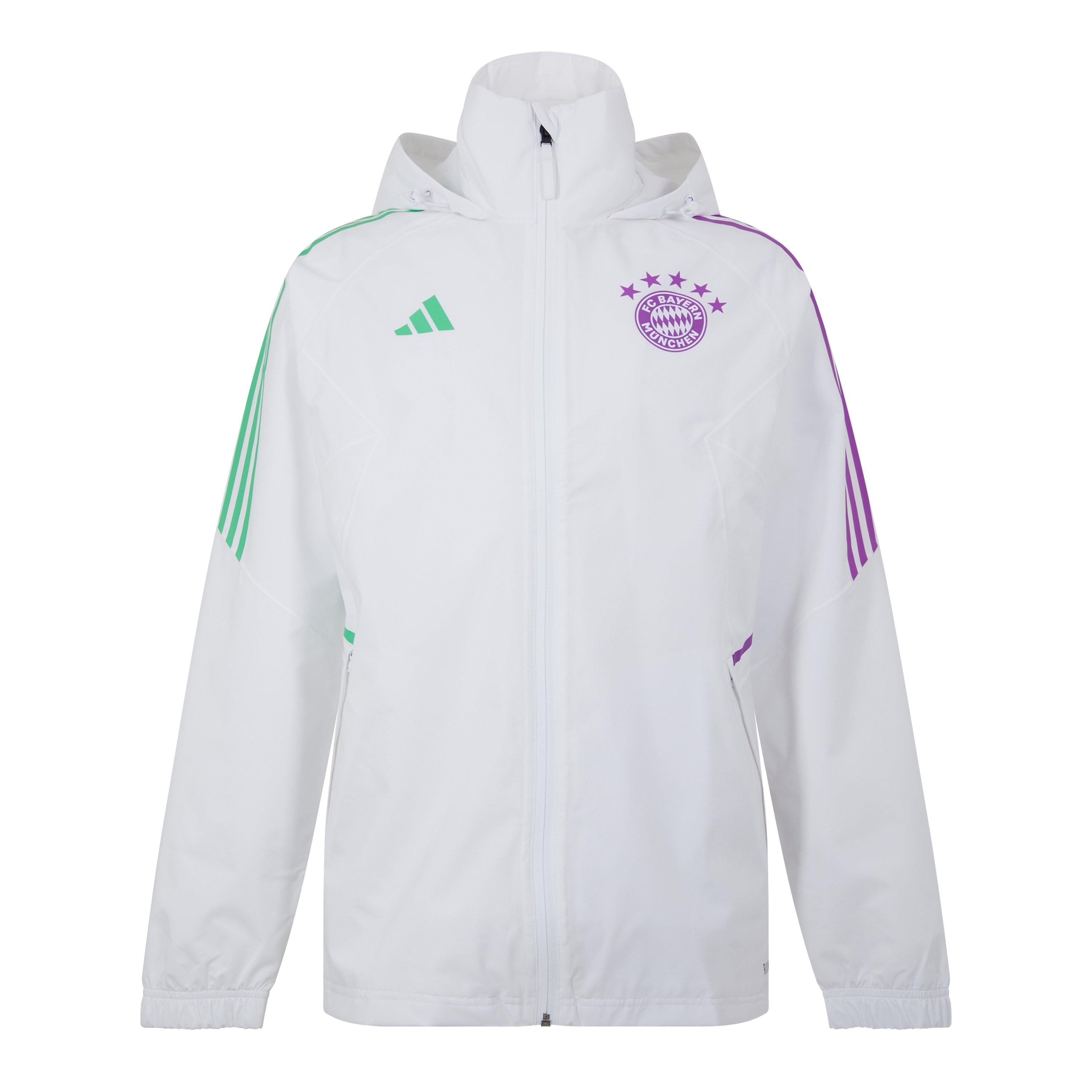 White - adidas - Men's Bayern 2023-2024 Water and Wind Resistant Rain.RDY Long Sleeve Licensed Rain Anorak - 1