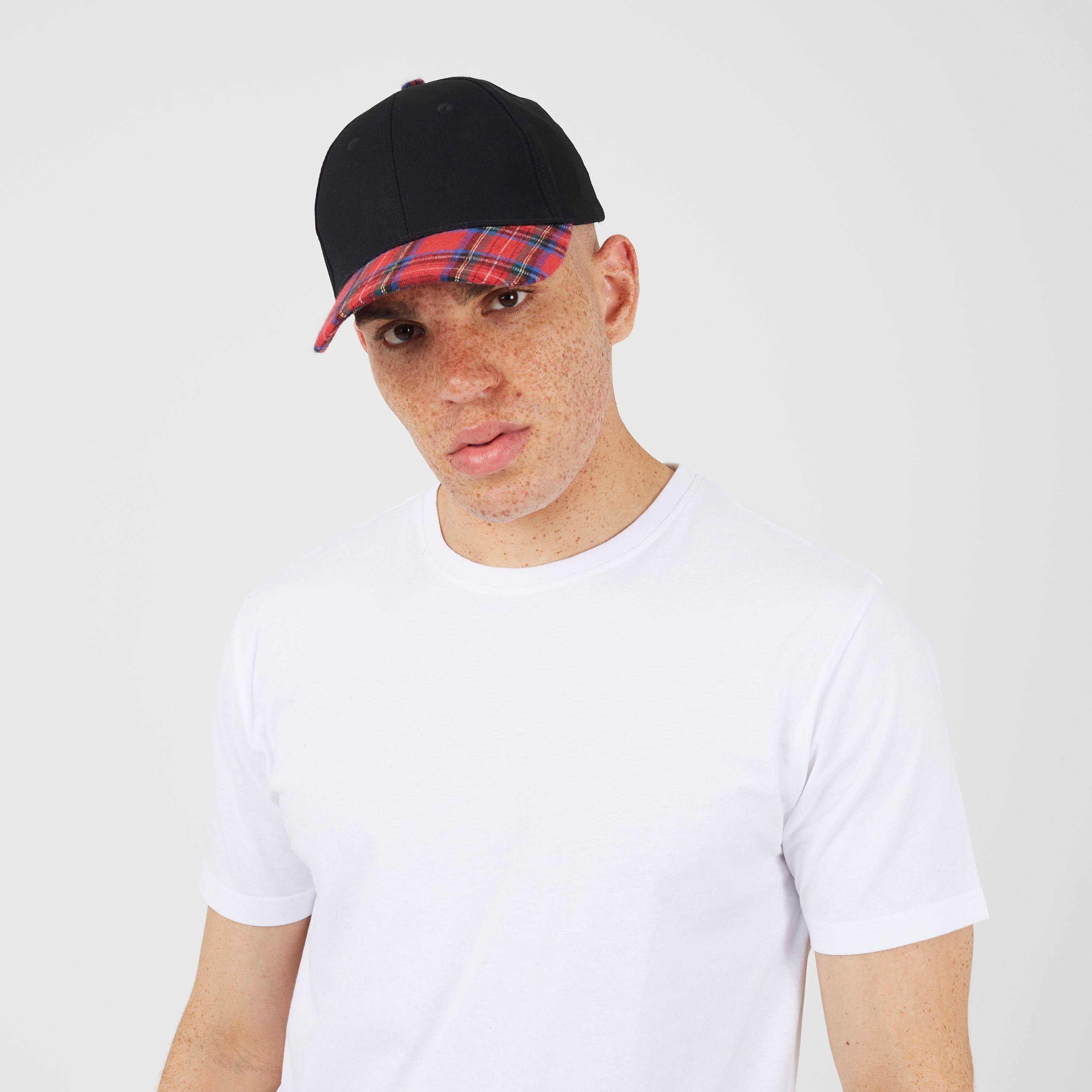 Black/Red Check - Brave Soul - Print Mens Cap with Contrast Stripe - 3