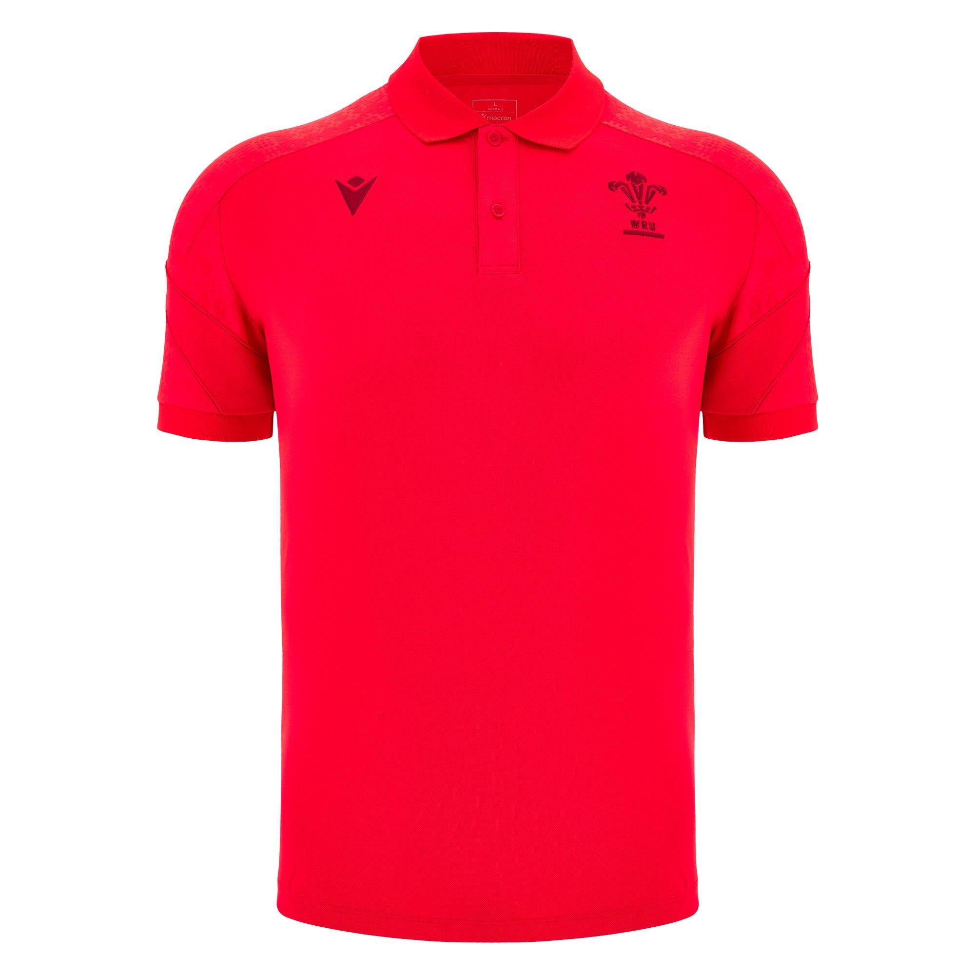 Macron Men's Wales Rugby Travel Polo Shirt 2025 Adults - Red - Small