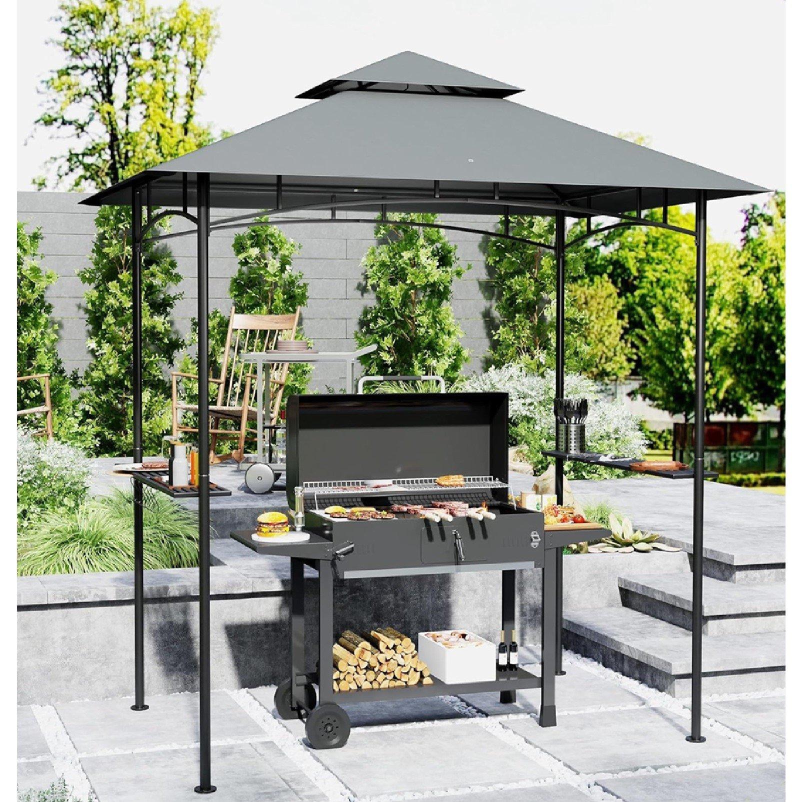 Grey - Outsunny - 8x5 Double Tiered BBQ Gazebo Shelter LED Lights - 2