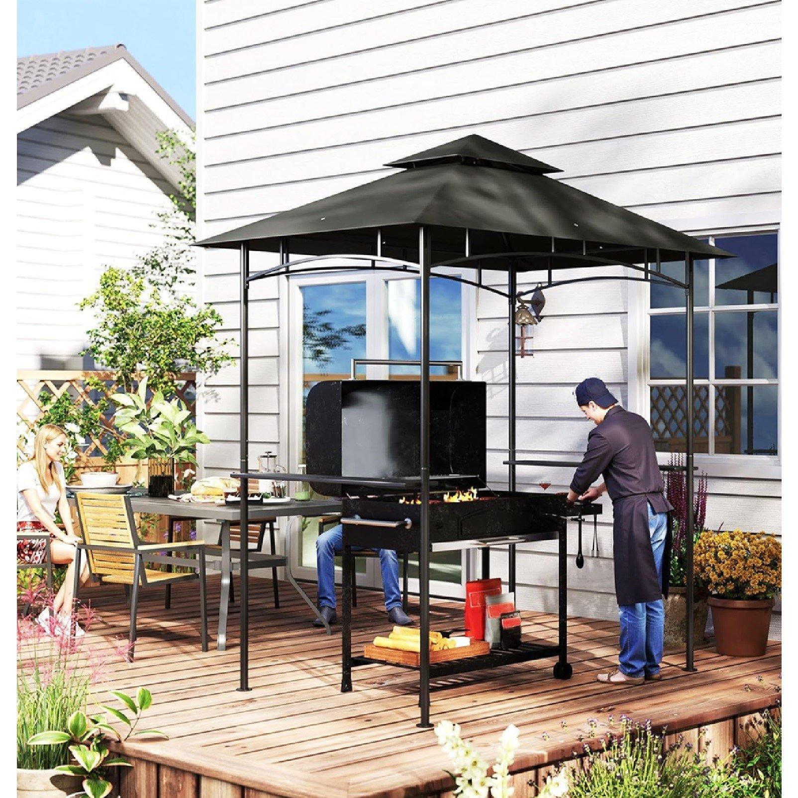 Grey - Outsunny - 8x5 Double Tiered BBQ Gazebo Shelter LED Lights - 9