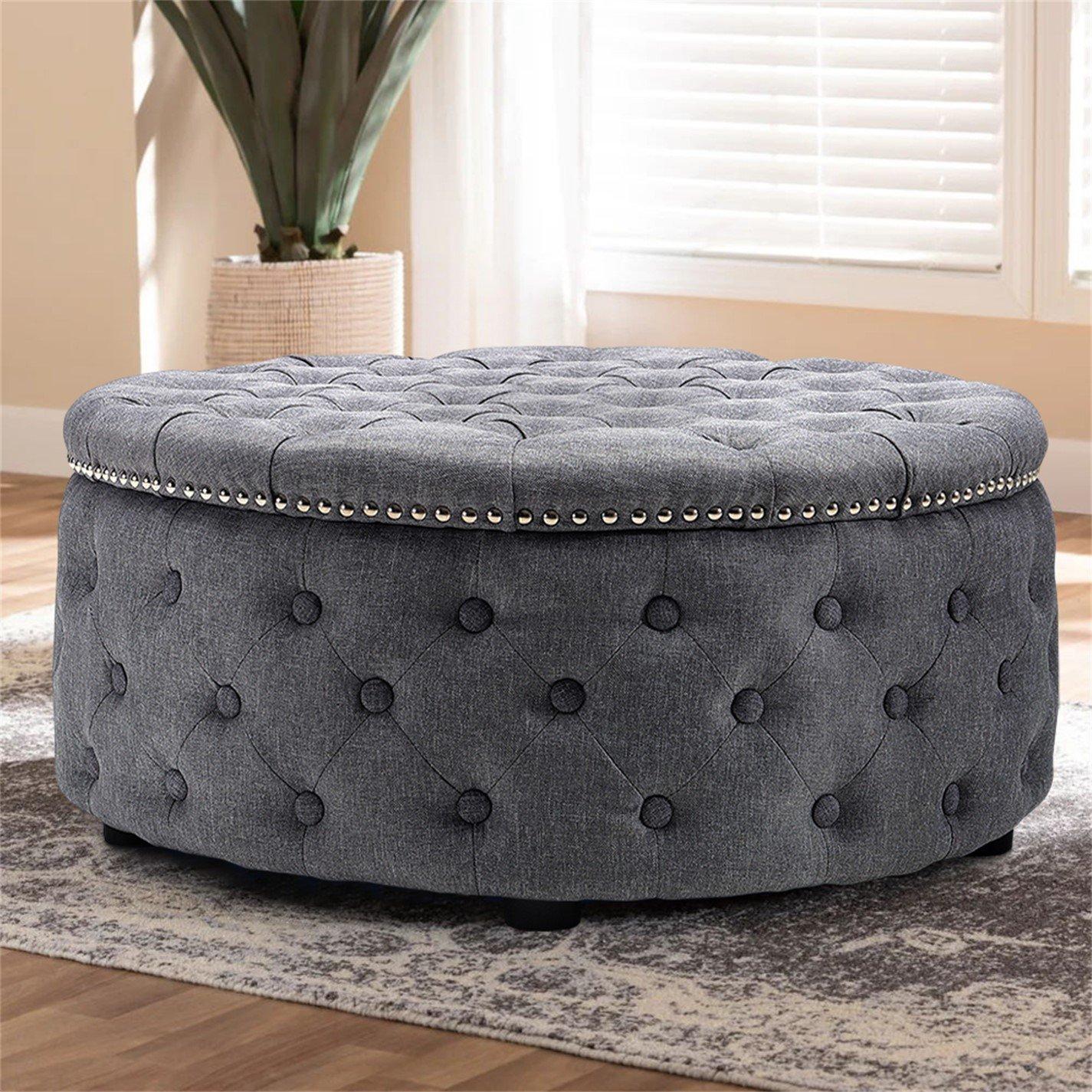 Black - Kabinet UK - Modern Round Tufted Storage Ottoman Black - 1