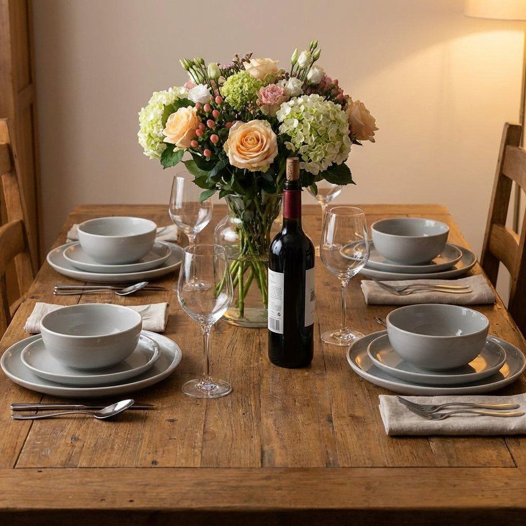 Waterside  12Pc & White Rim Stoneware Dinner Set Grey