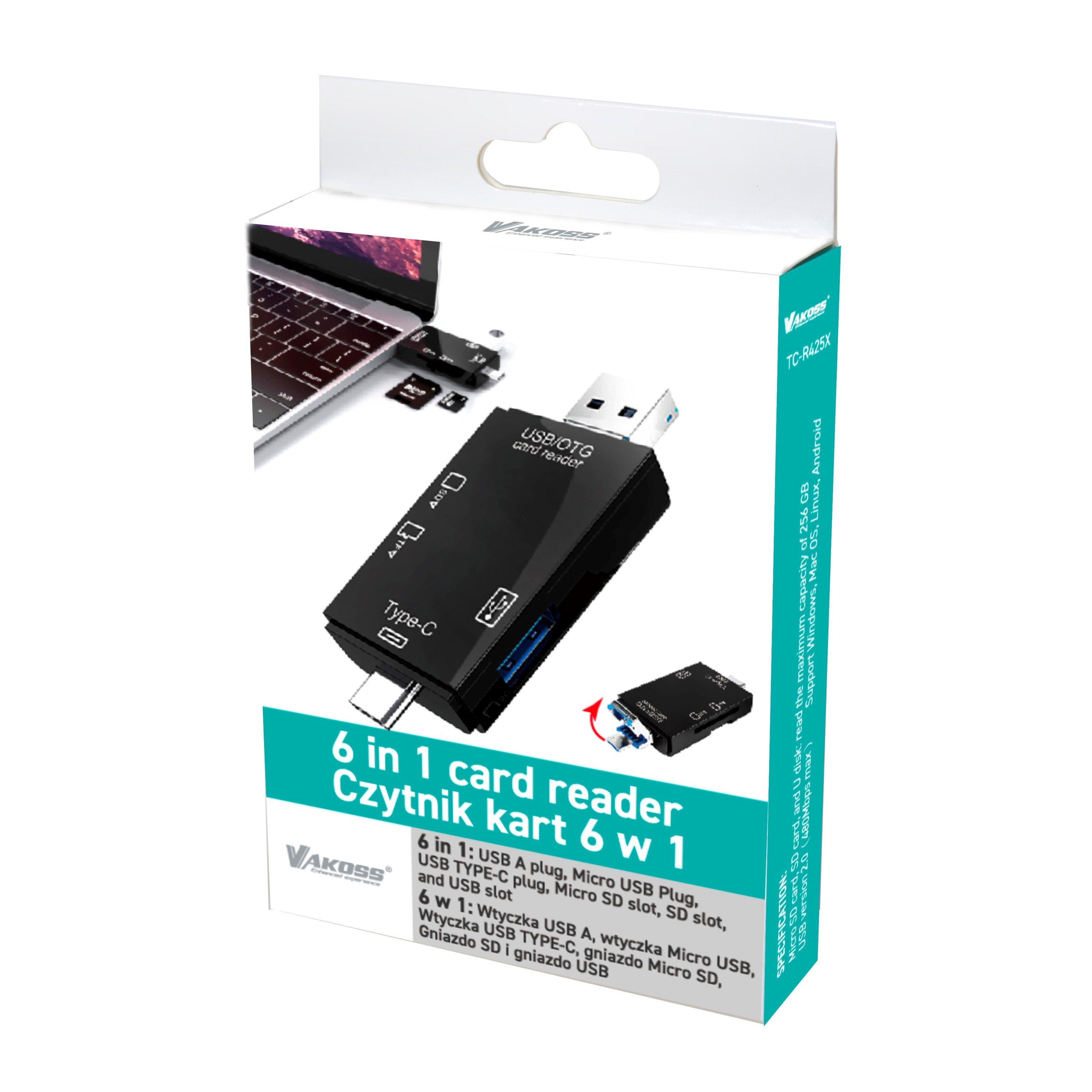 Black - Vakoss - Vakoss 6-In-1 USB Type C SD Micro Card Reader - 4