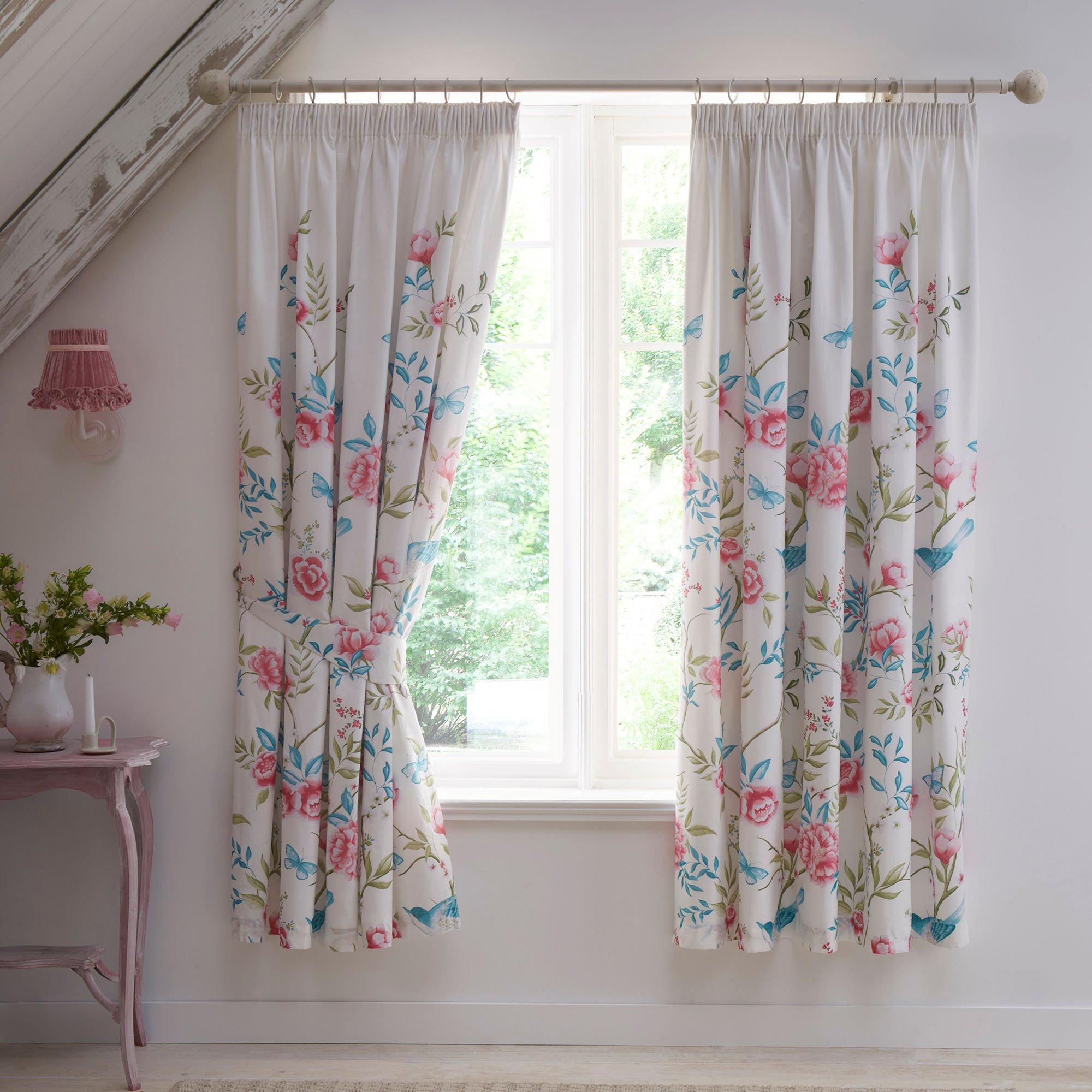 Dreams And Drapes  Amelle Floral Pencil Pleat Curtains With Tie Backs - Blue - 66x72in