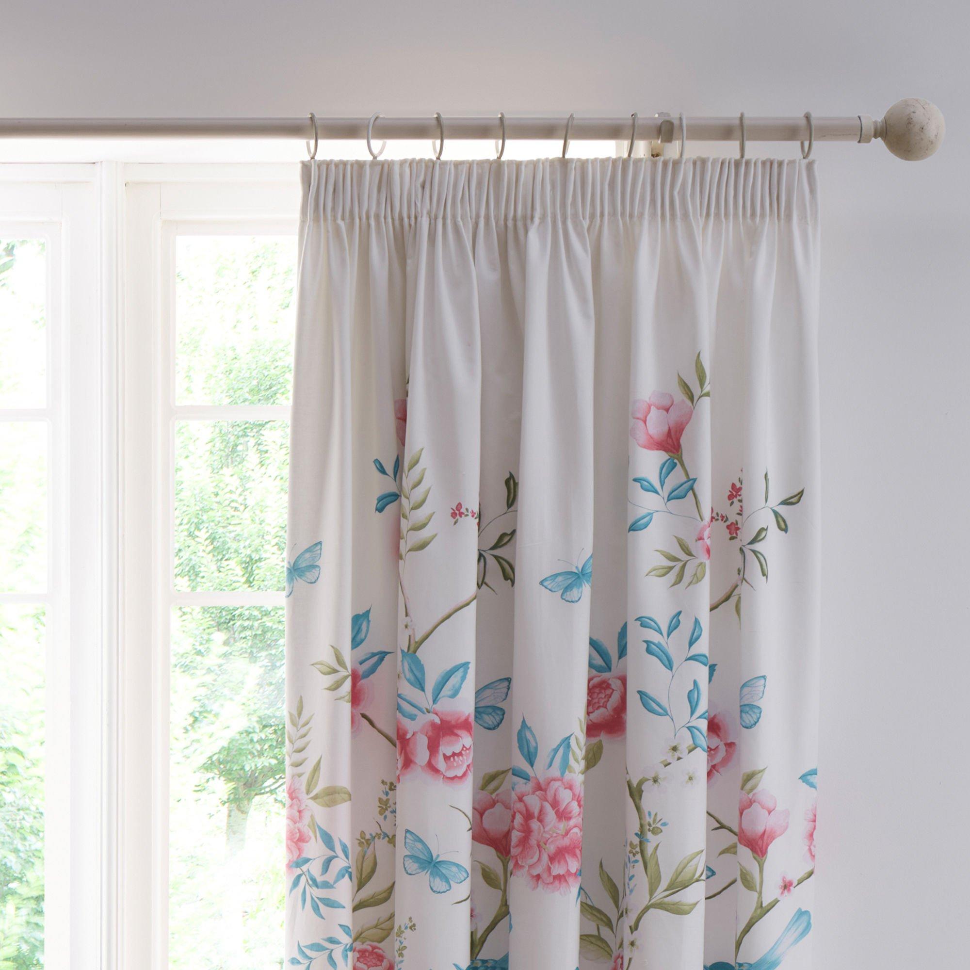Blue - Dreams and Drapes - Amelle Floral Pencil Pleat Curtains with Tie backs - 2