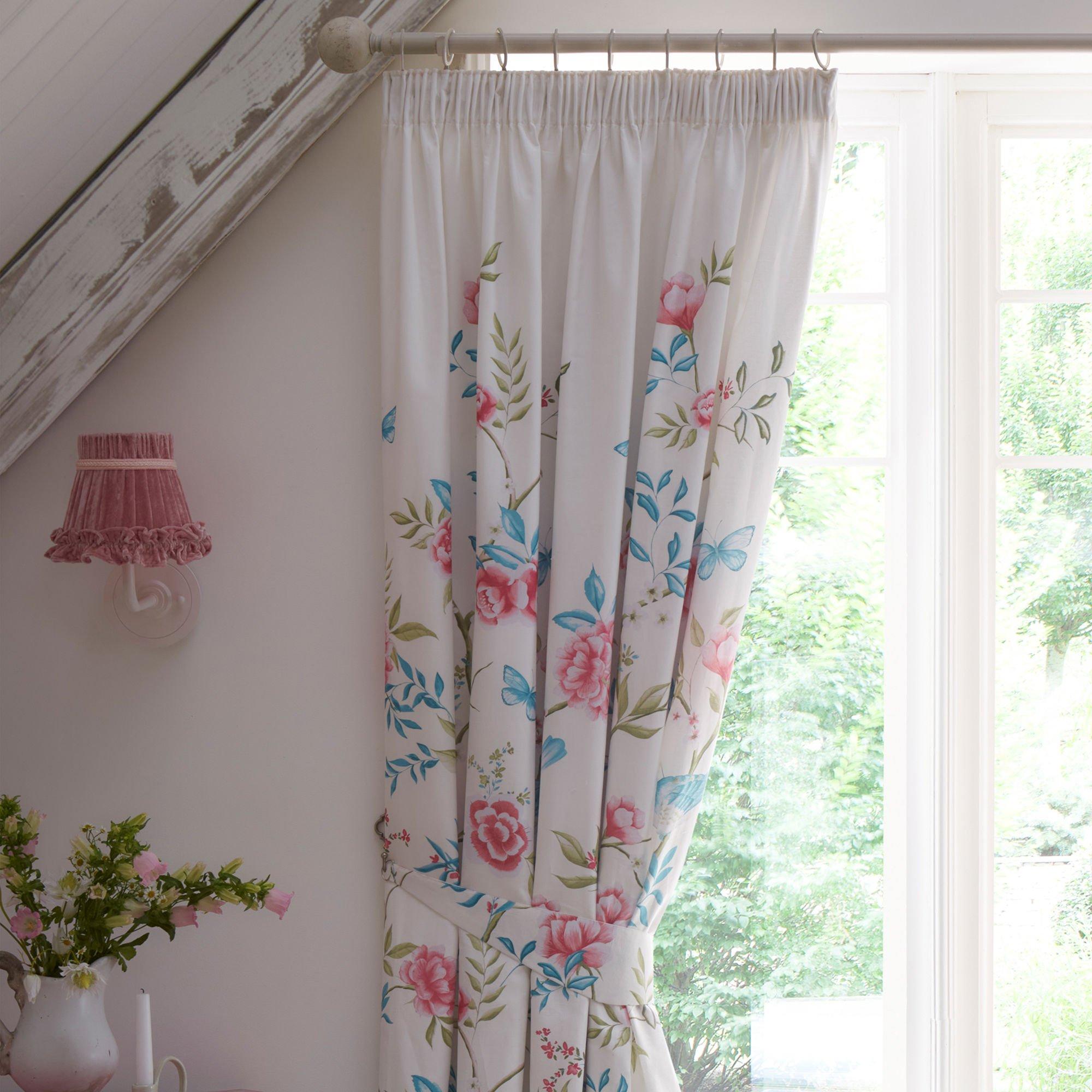 Blue - Dreams and Drapes - Amelle Floral Pencil Pleat Curtains with Tie backs - 4