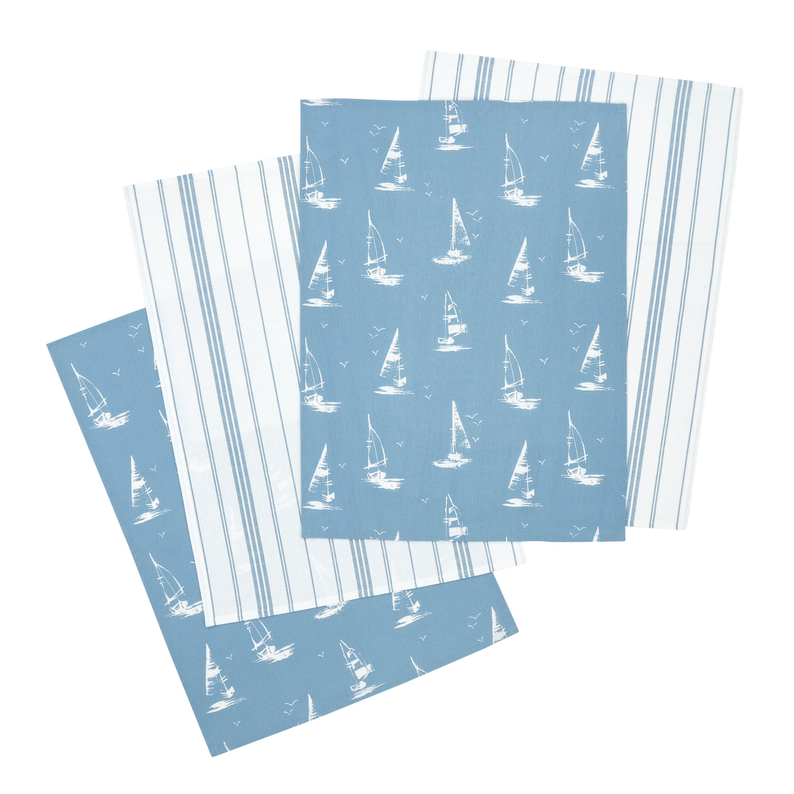 Blue - Catherine Lansfield - Salcombe Boats Cotton Kitchen Tea Towel Pack of 4 - 3
