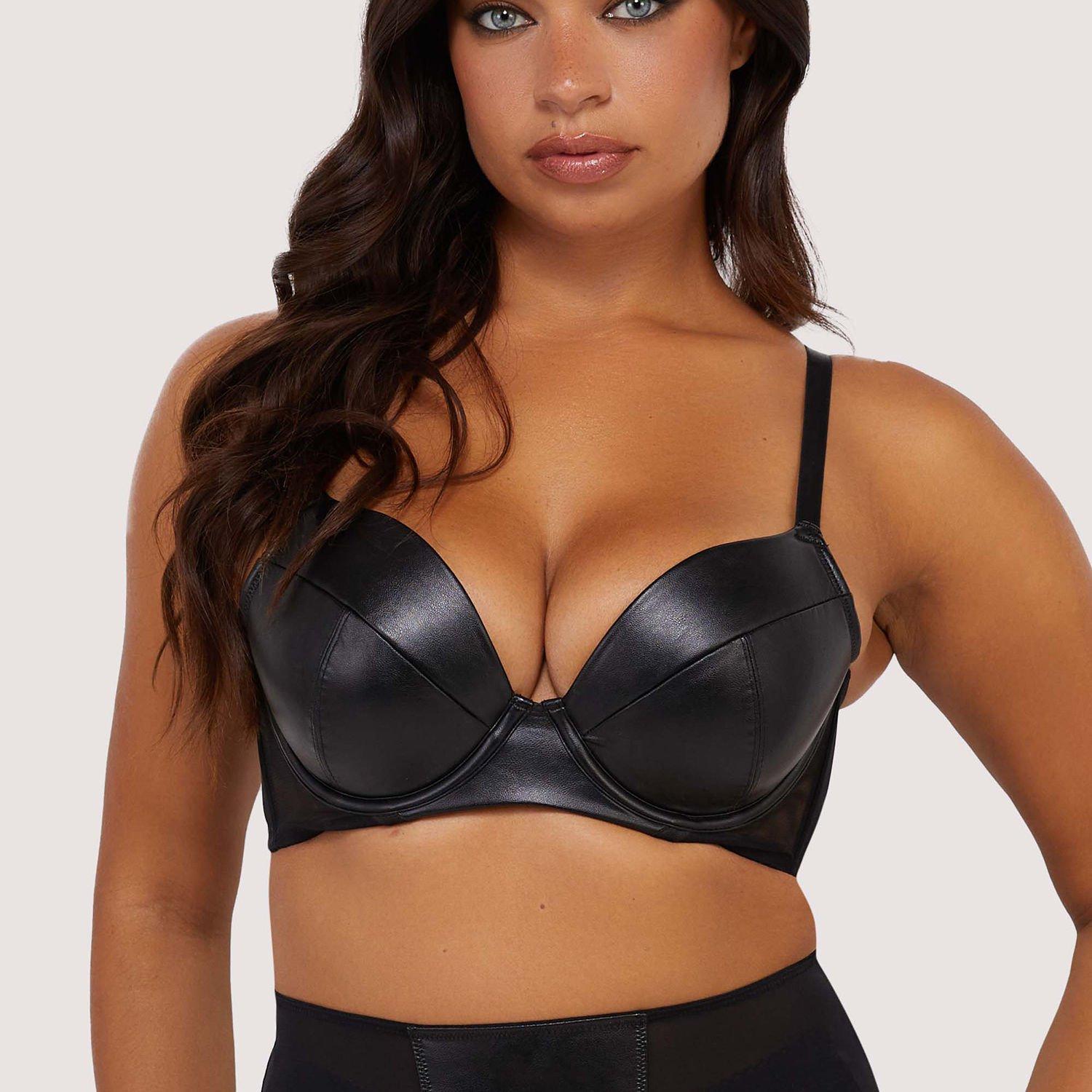 Black - Playful Promises - Iris Black Leatherette Padded Plunge Bra - 1