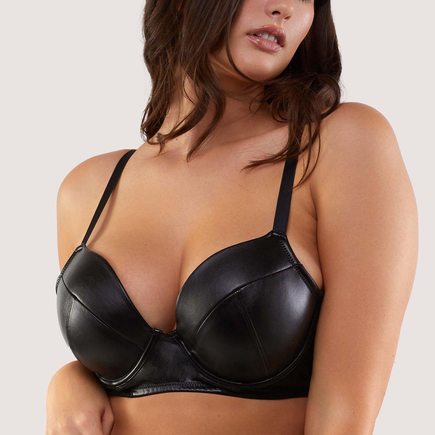 Black - Playful Promises - Iris Black Leatherette Padded Plunge Bra - 3