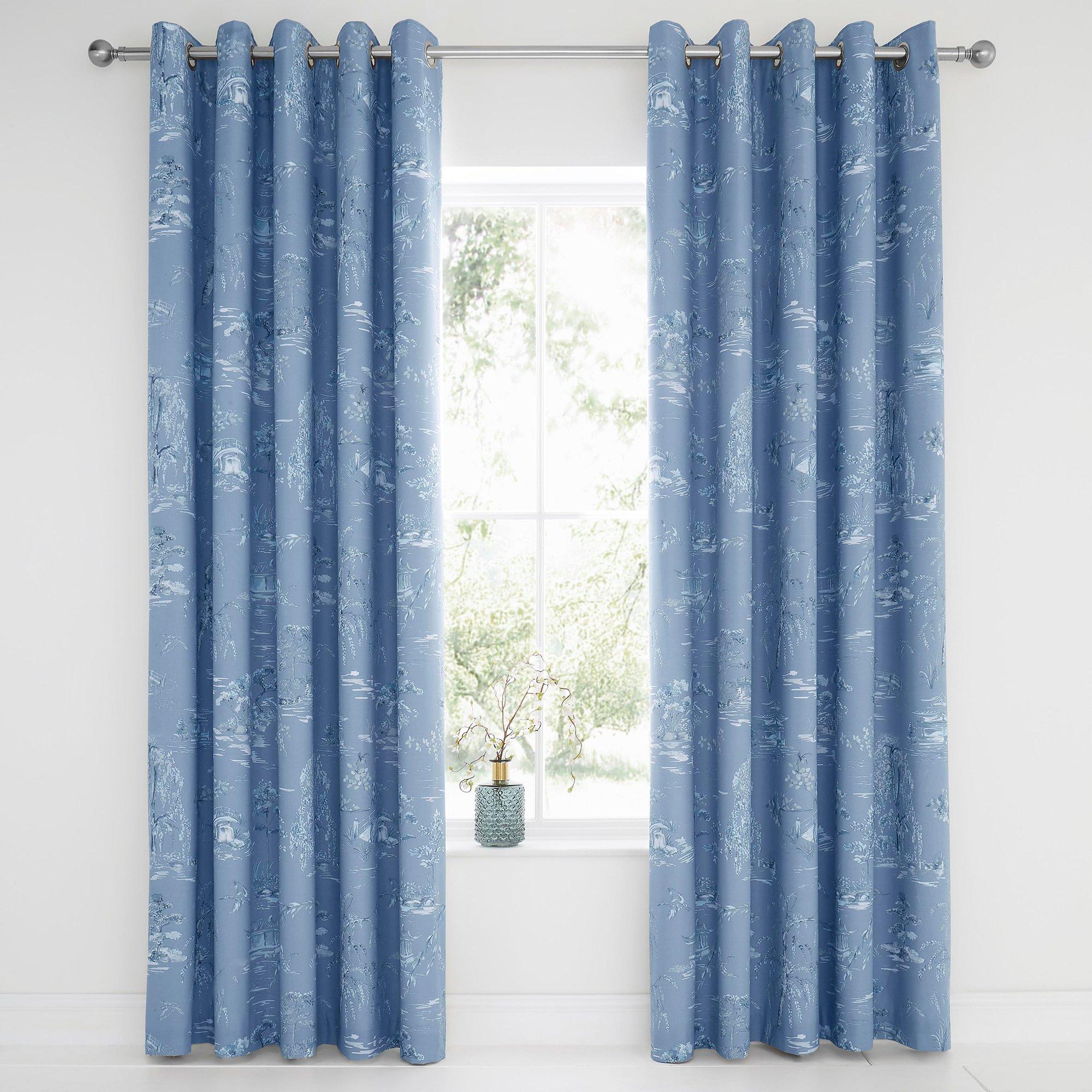 Blue - Dreams and Drapes - Oriental Garden Blackout Eyelet Curtains in Blue - 1
