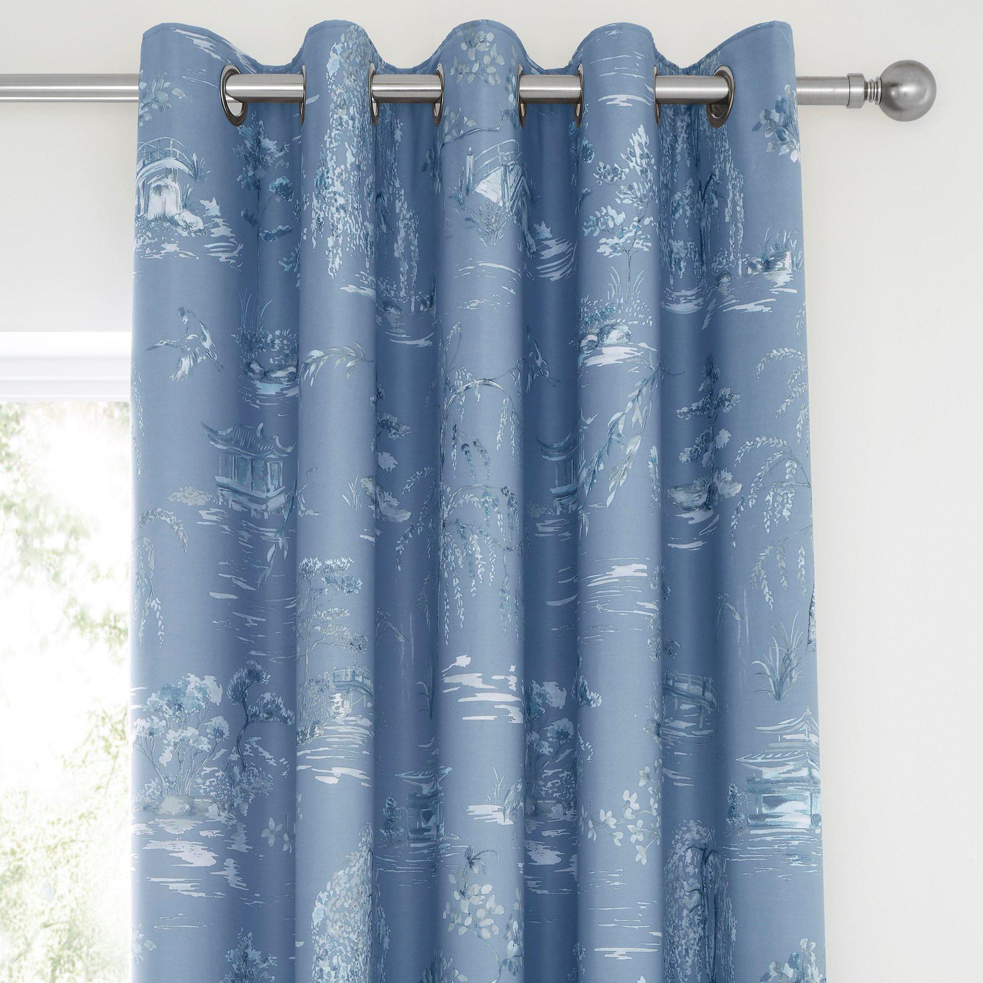 Blue - Dreams and Drapes - Oriental Garden Blackout Eyelet Curtains in Blue - 3