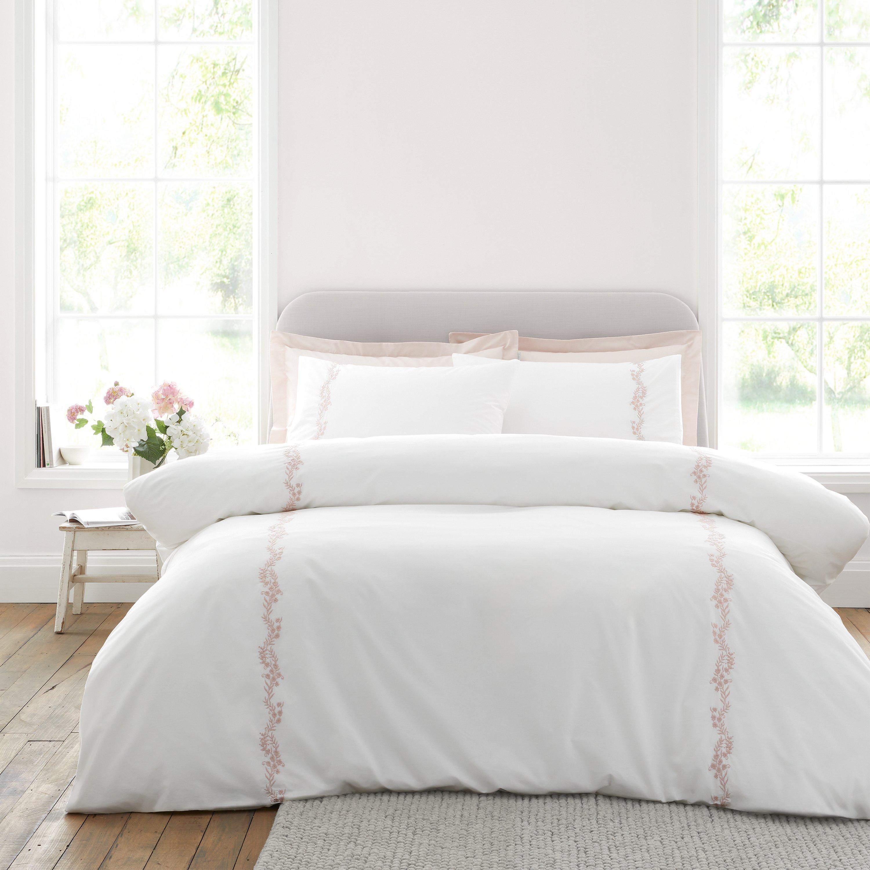 Bianca Camille Embroidered Floral 200 Thread Count Cotton Double Duvet Cover Set with Pillowcases White/Pink - Image 7
