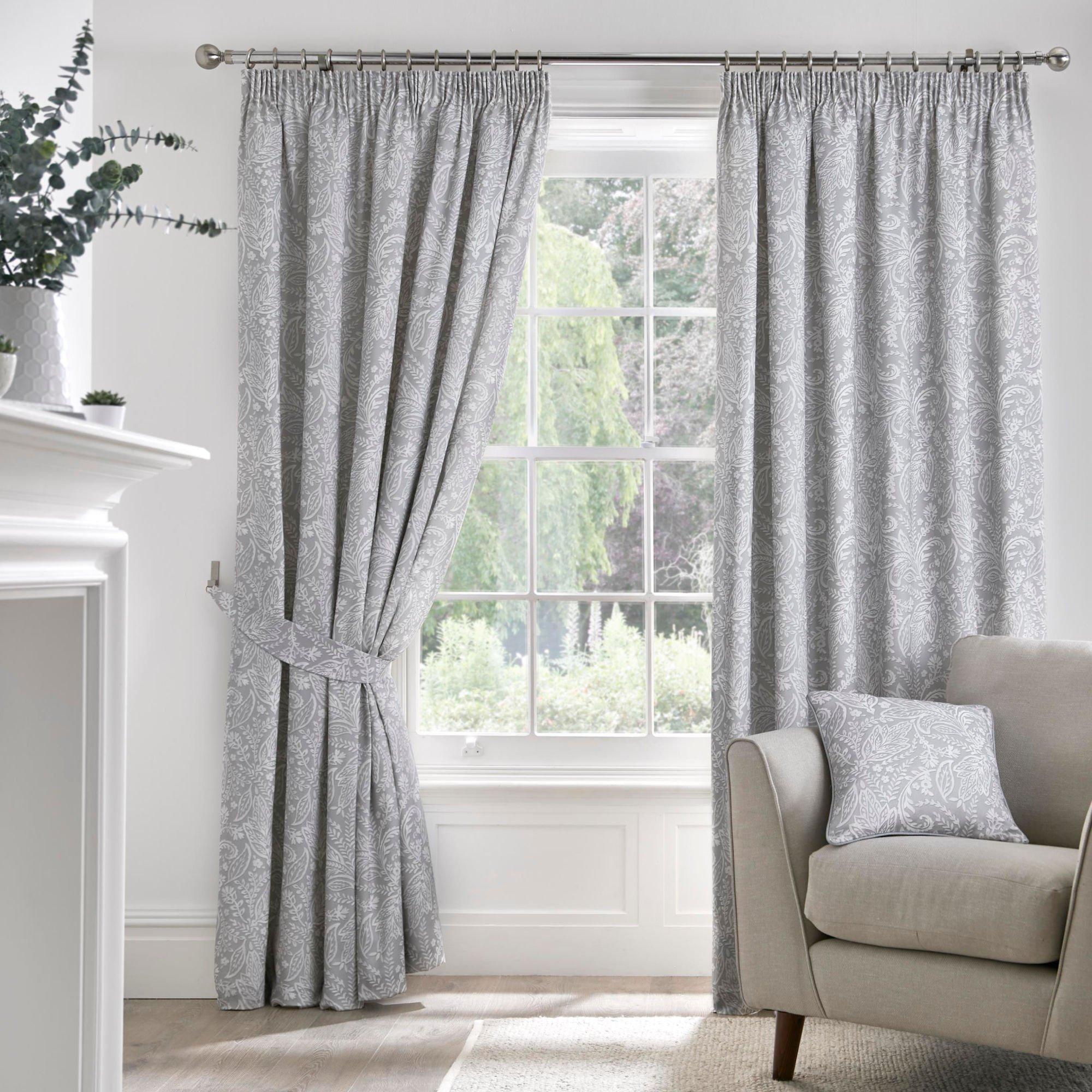 Grey - Dreams and Drapes - 100% Cotton Jacobean Motif Curtains With Tie-Backs - 1