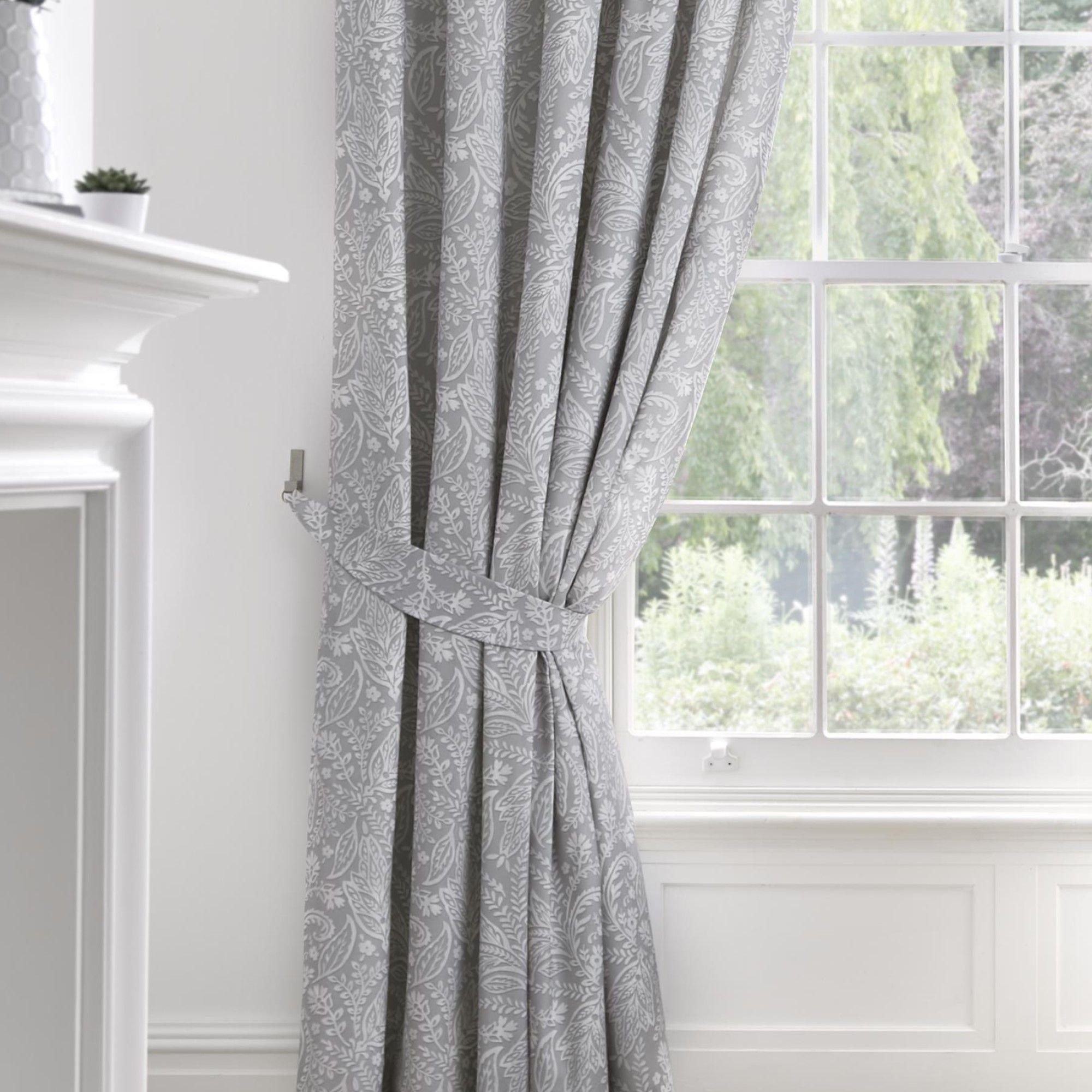 Grey - Dreams and Drapes - 100% Cotton Jacobean Motif Curtains With Tie-Backs - 3