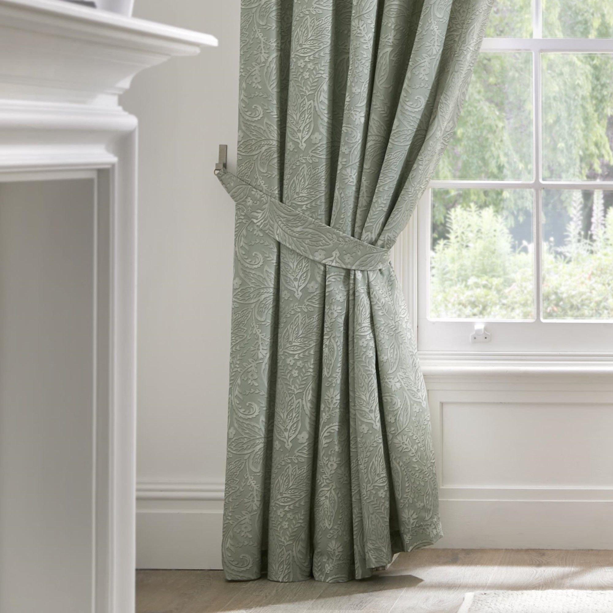 Green - Dreams and Drapes - 100% Cotton Jacobean Motif Curtains With Tie-Backs - 2