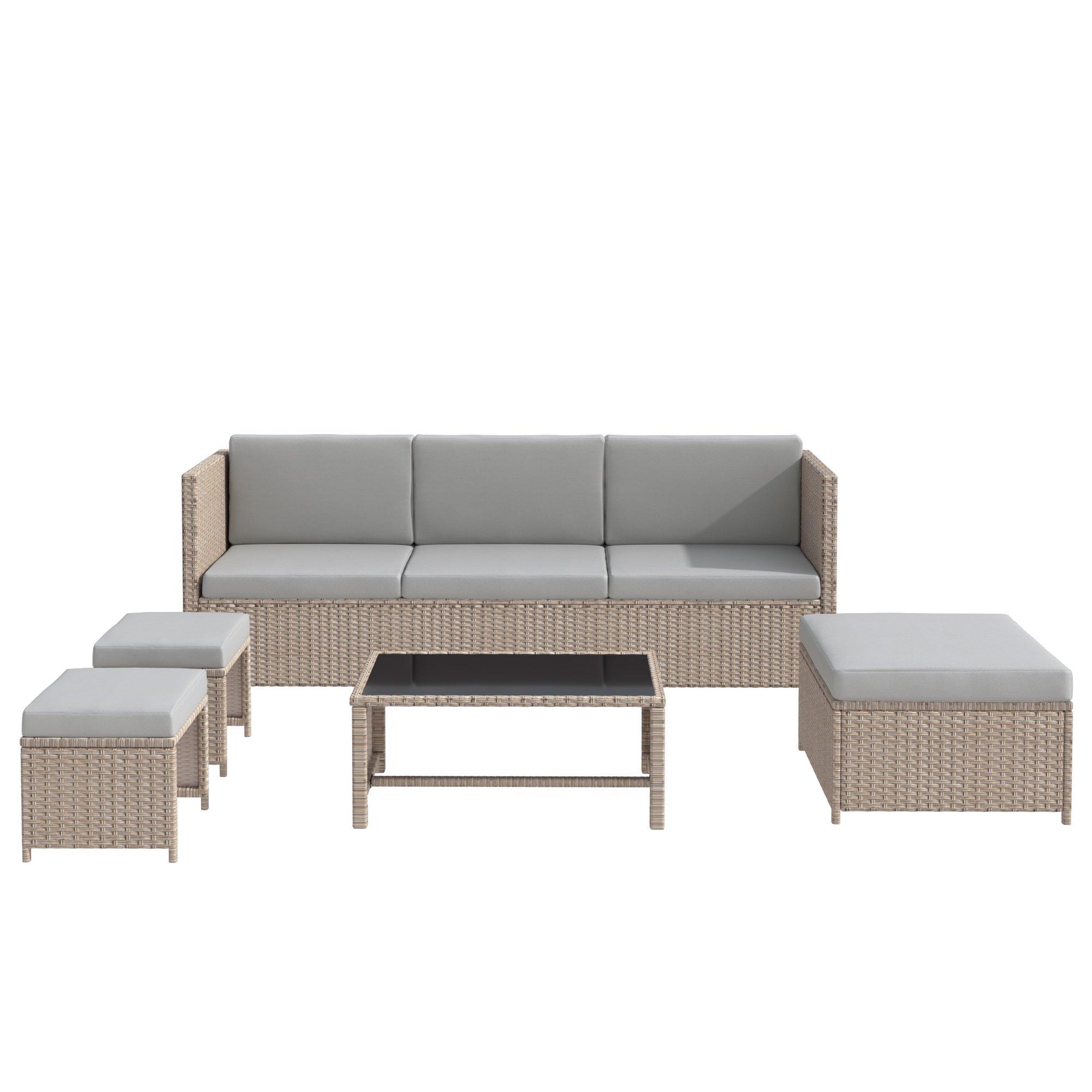Khaki - Urban Meuble - Rattan Garden Lounge Furniture Set - 5