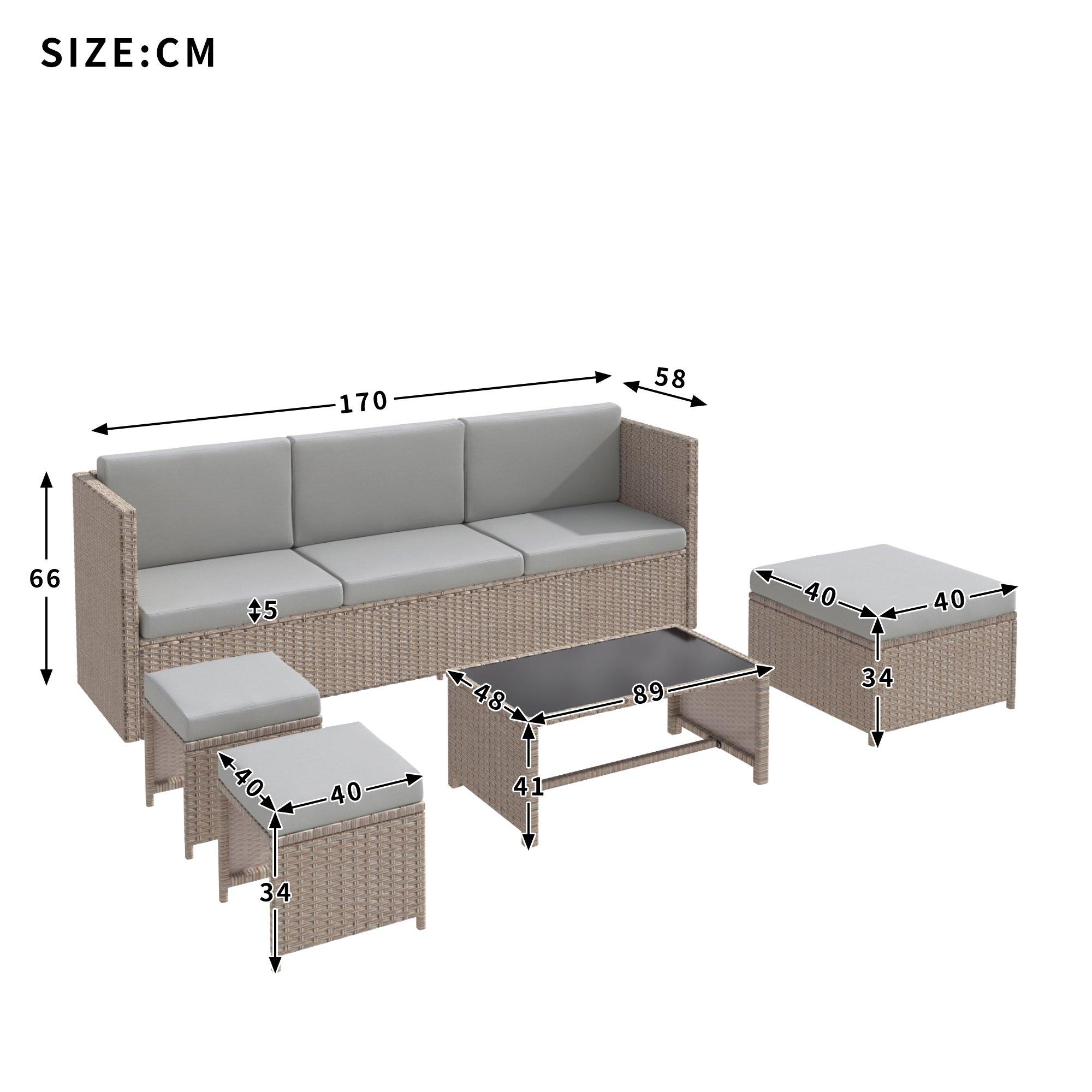 Khaki - Urban Meuble - Rattan Garden Lounge Furniture Set - 6