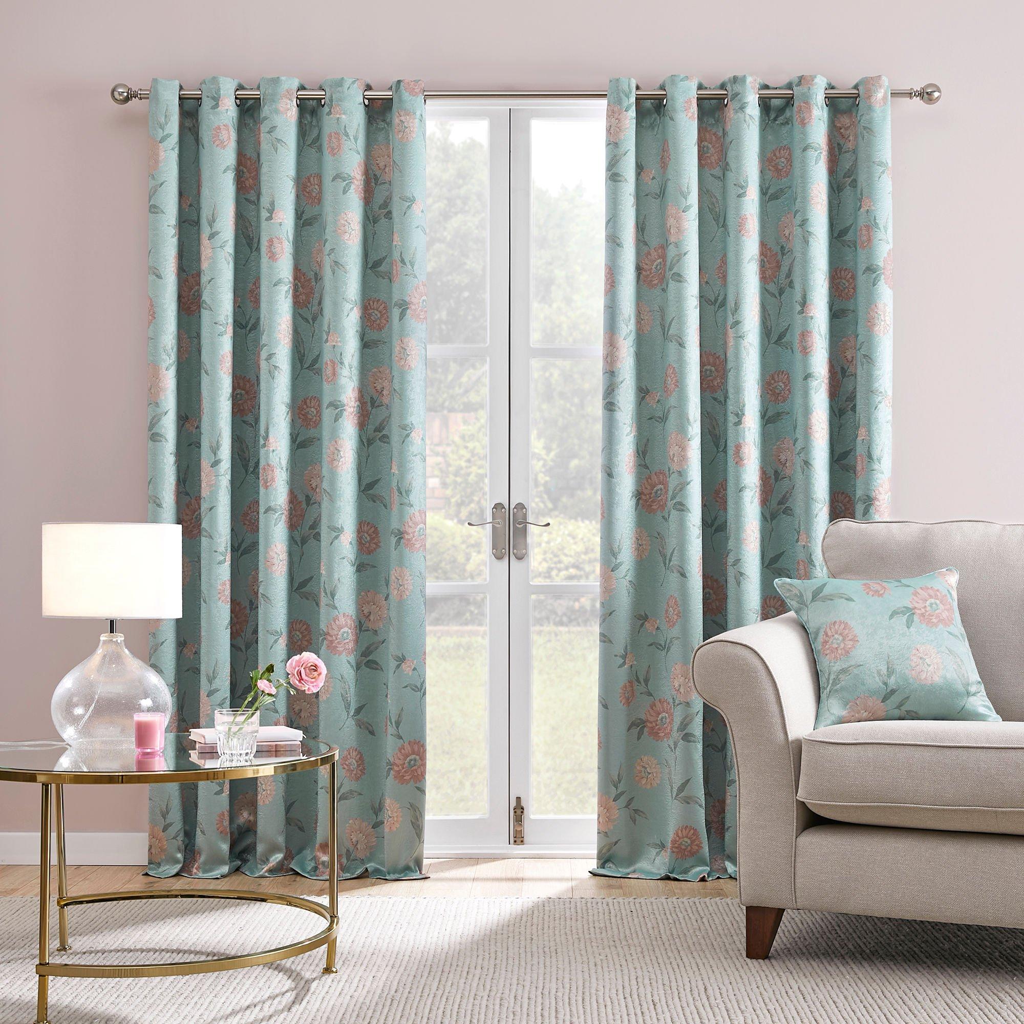 Duck Egg - Dreams and Drapes - Dahlia Floral Print Eyelet Curtains in Duck Egg - 1