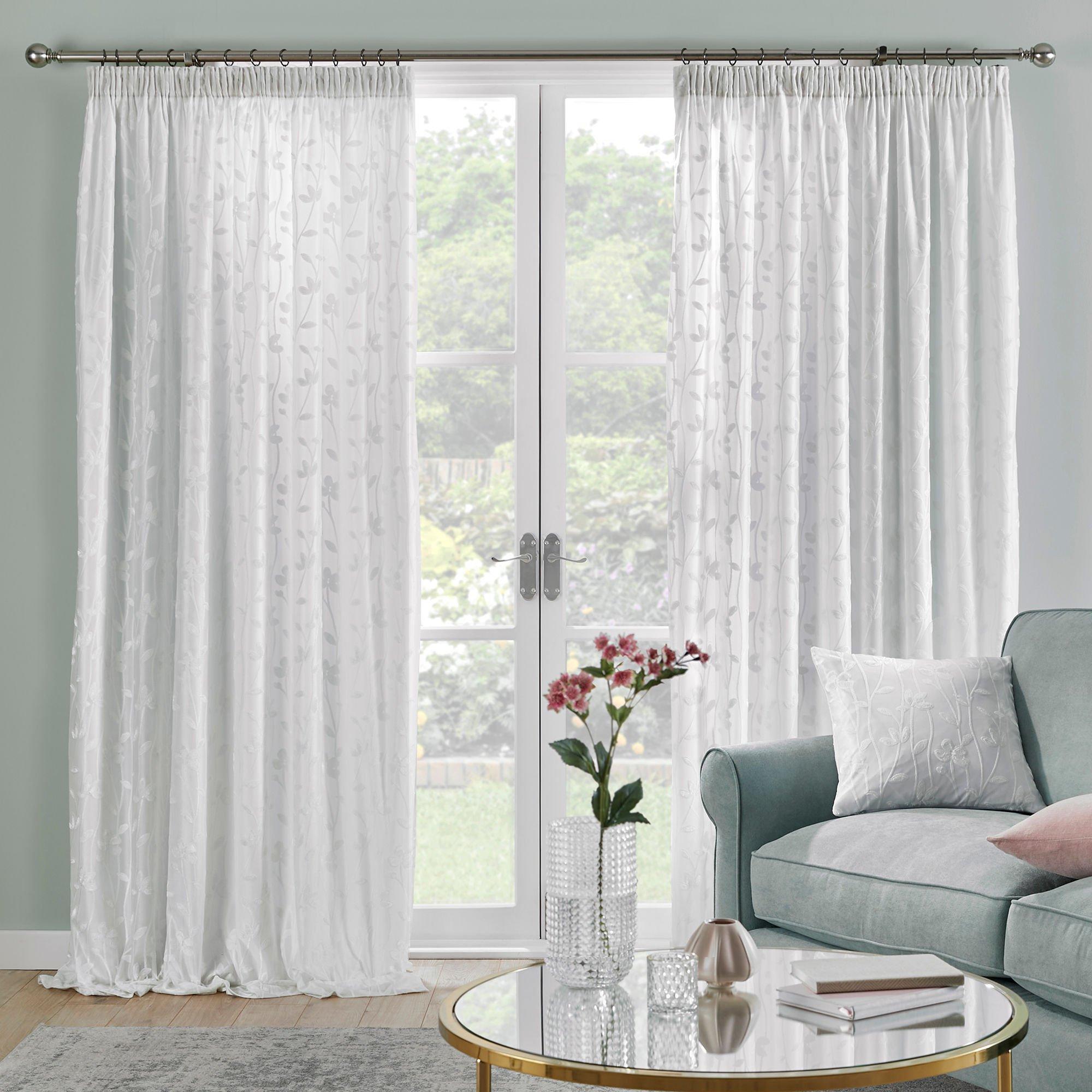 Dreams And Drapes  Sophia Jacquard Floral Lined Voile Curtains - Ivory - 168x183cm